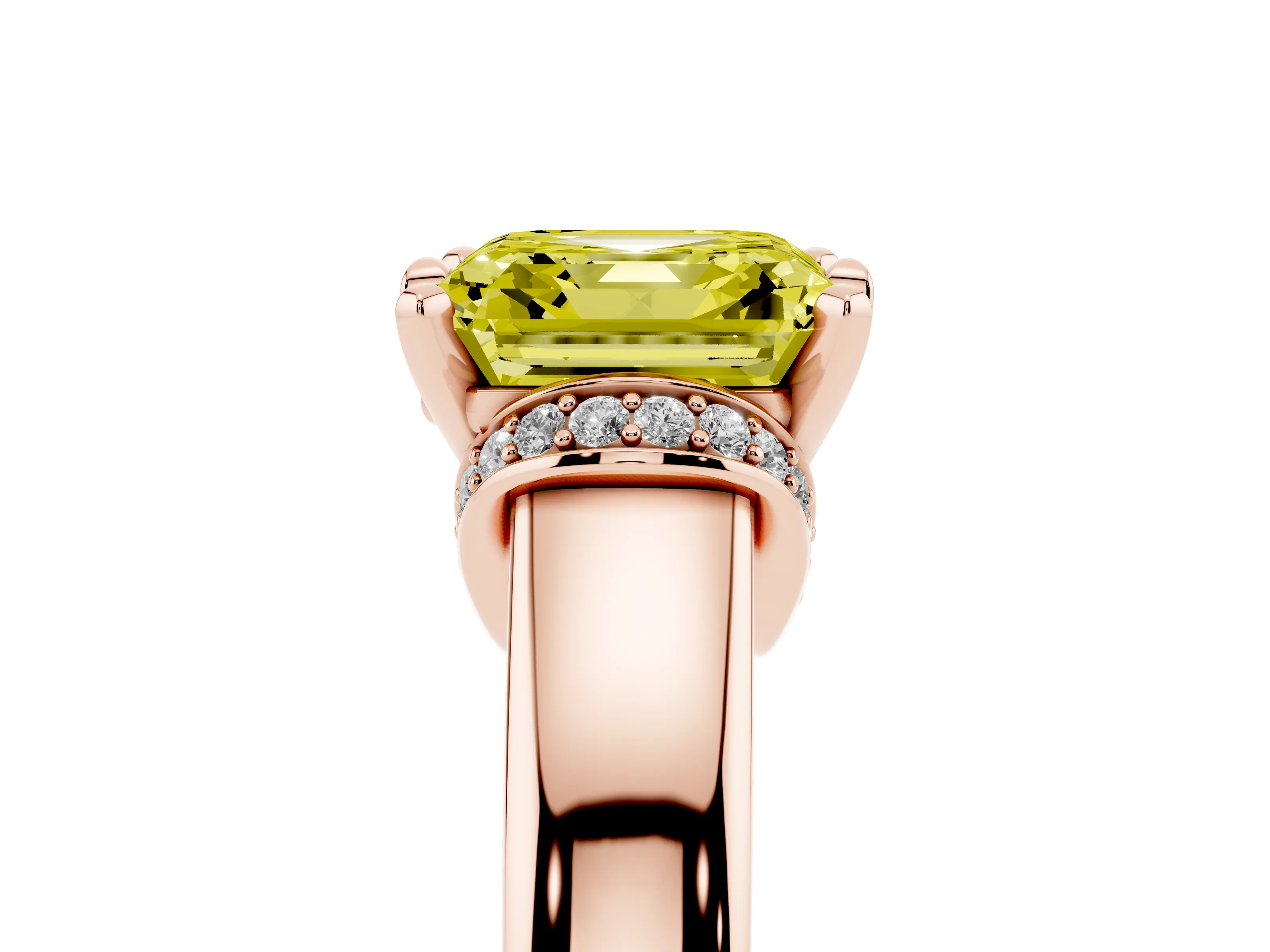 Fancy Yellow Asscher Cut Diamond Pavé Band Solitaire Ring Set in Rose gold with Prong Setting