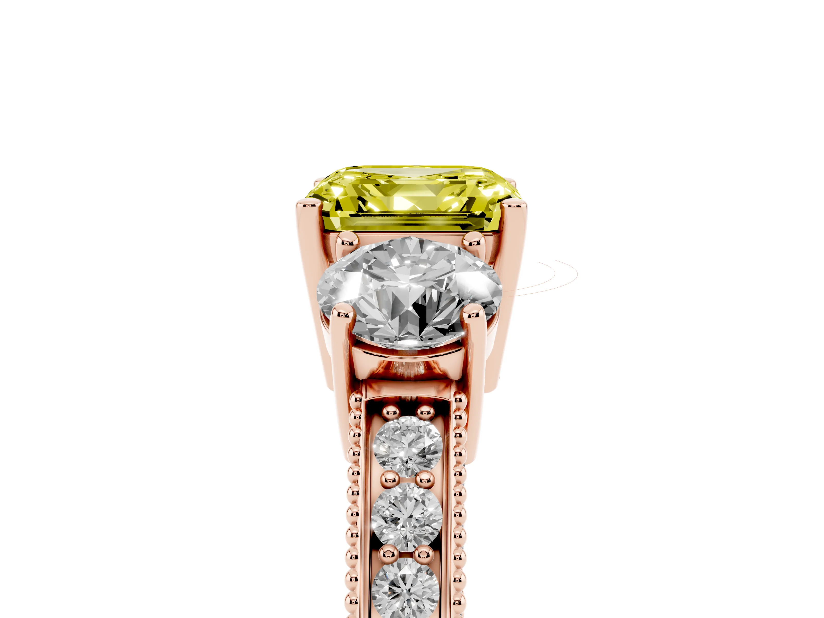 Fancy Yellow Asscher Cut Diamond Three-Stone Ring Set in Rose gold with Round Side Stones and Pavé Band