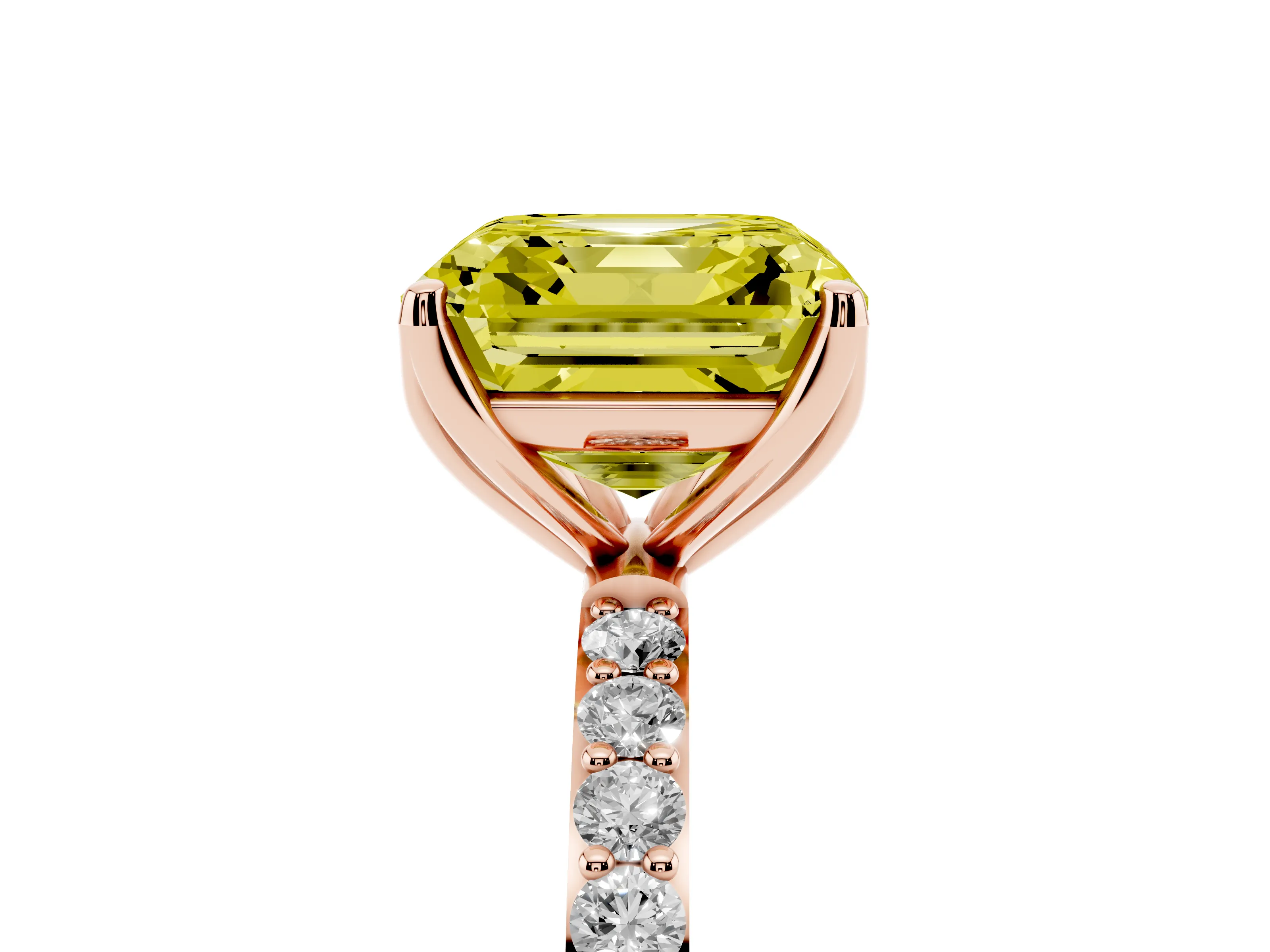 Fancy Yellow Asscher Cut Diamond Solitaire Engagement Ring Set in Rose gold with Round Pavé Band and Prong Setting