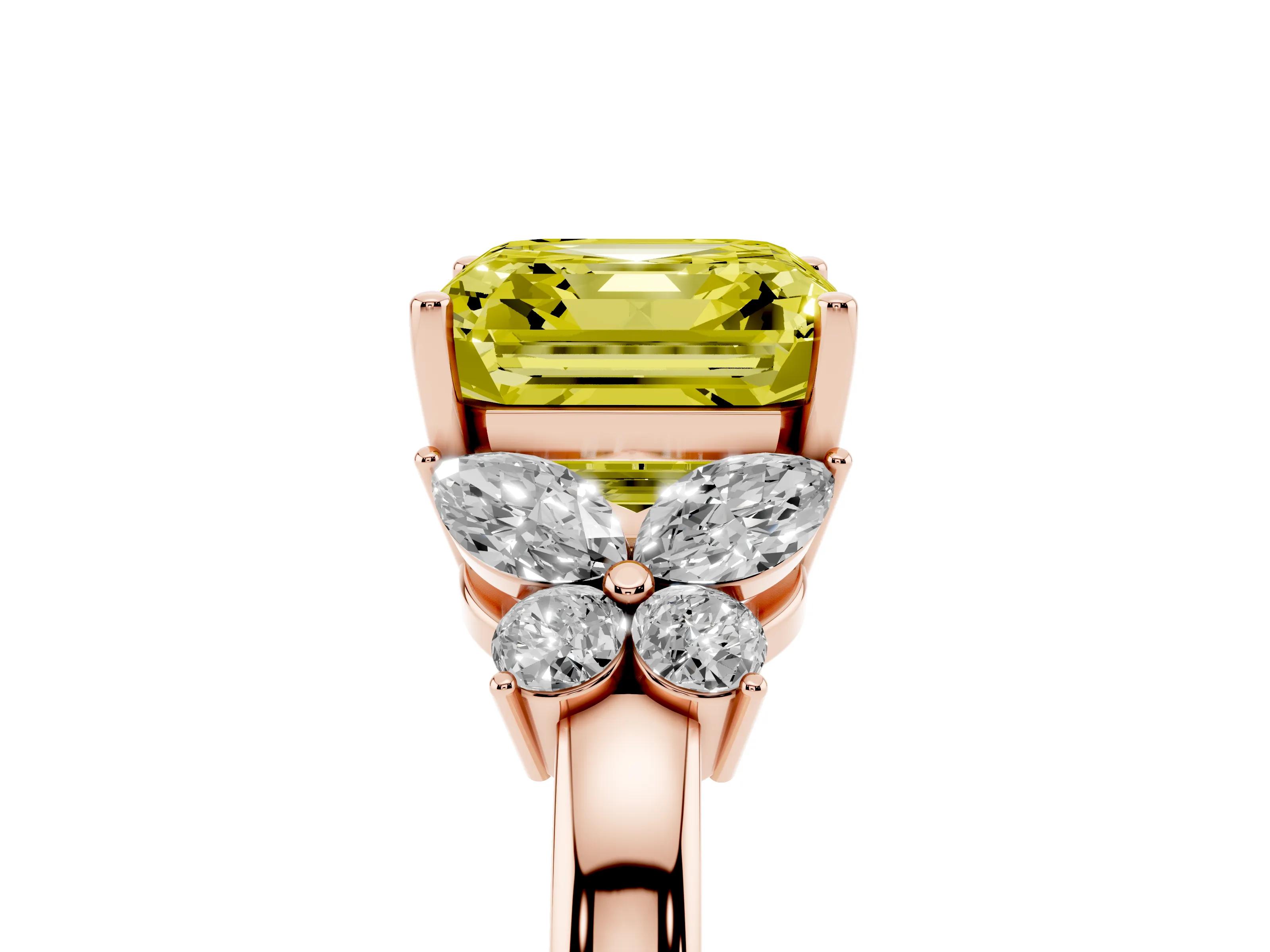 Fancy Yellow Asscher Cut Diamond Solitaire Floral Ring Set in Rose gold with Marquise Petals and Prong Setting