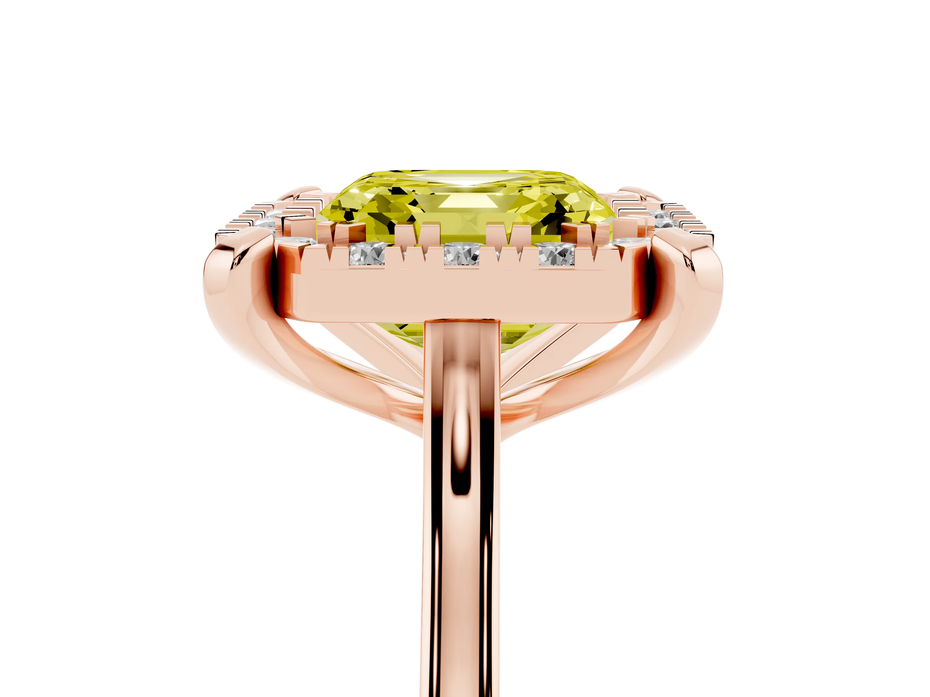 Fancy Yellow Asscher Cut Diamond Cluster Halo Solitaire Ring Set in Rose gold with Prong Setting