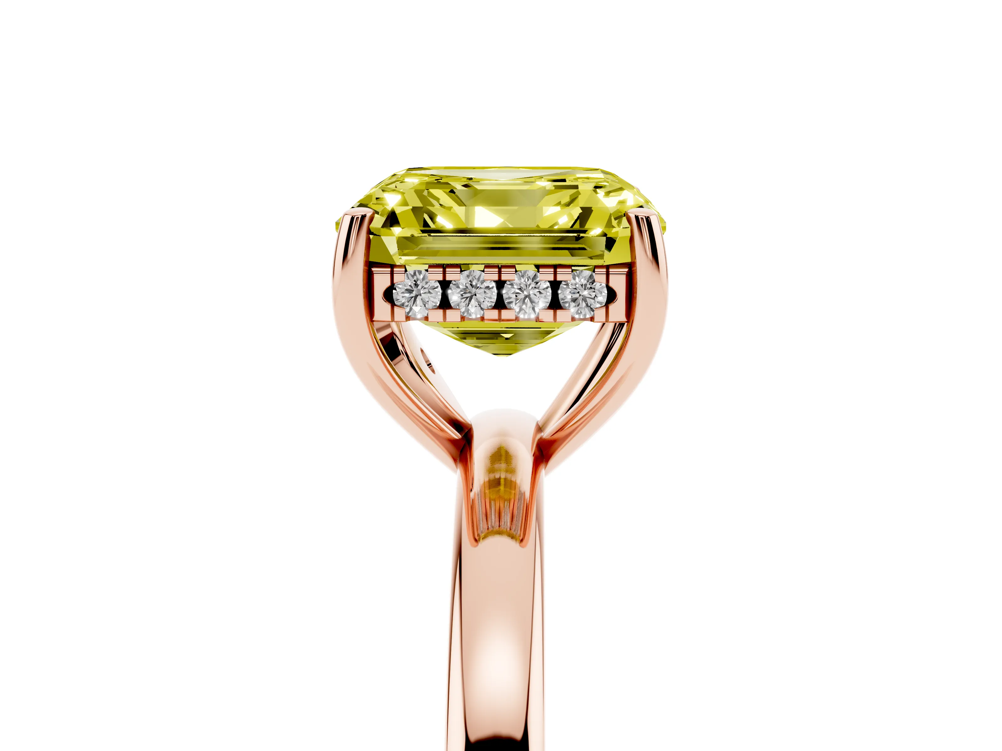 Fancy Yellow Asscher Cut Diamond Solitaire Ring Set in Rose gold with Plain Band and Prong Setting