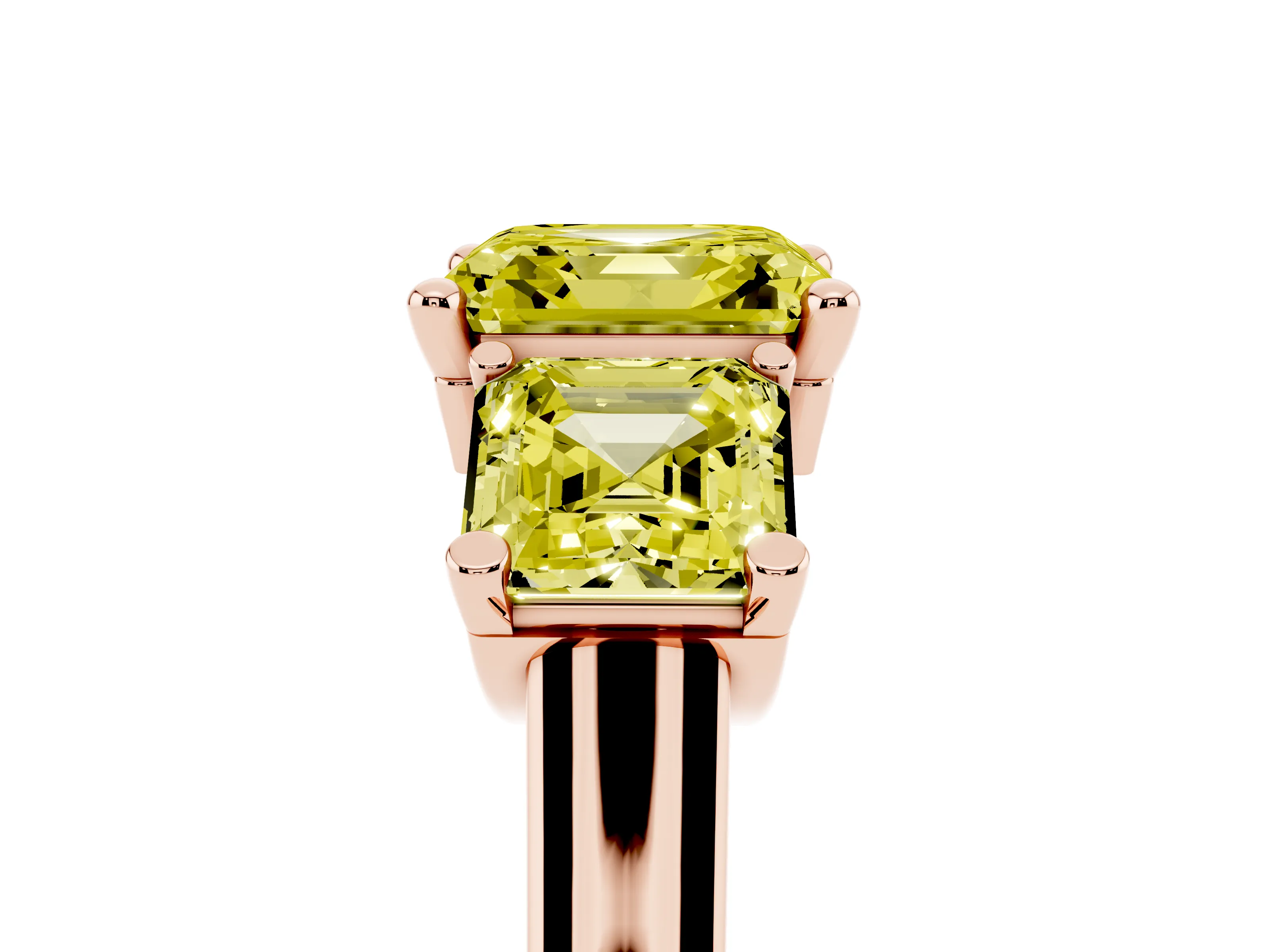 Fancy Yellow Asscher Cut Diamond Three-Stone Trellis Ring Set in Rose gold with Comfort Fit Band