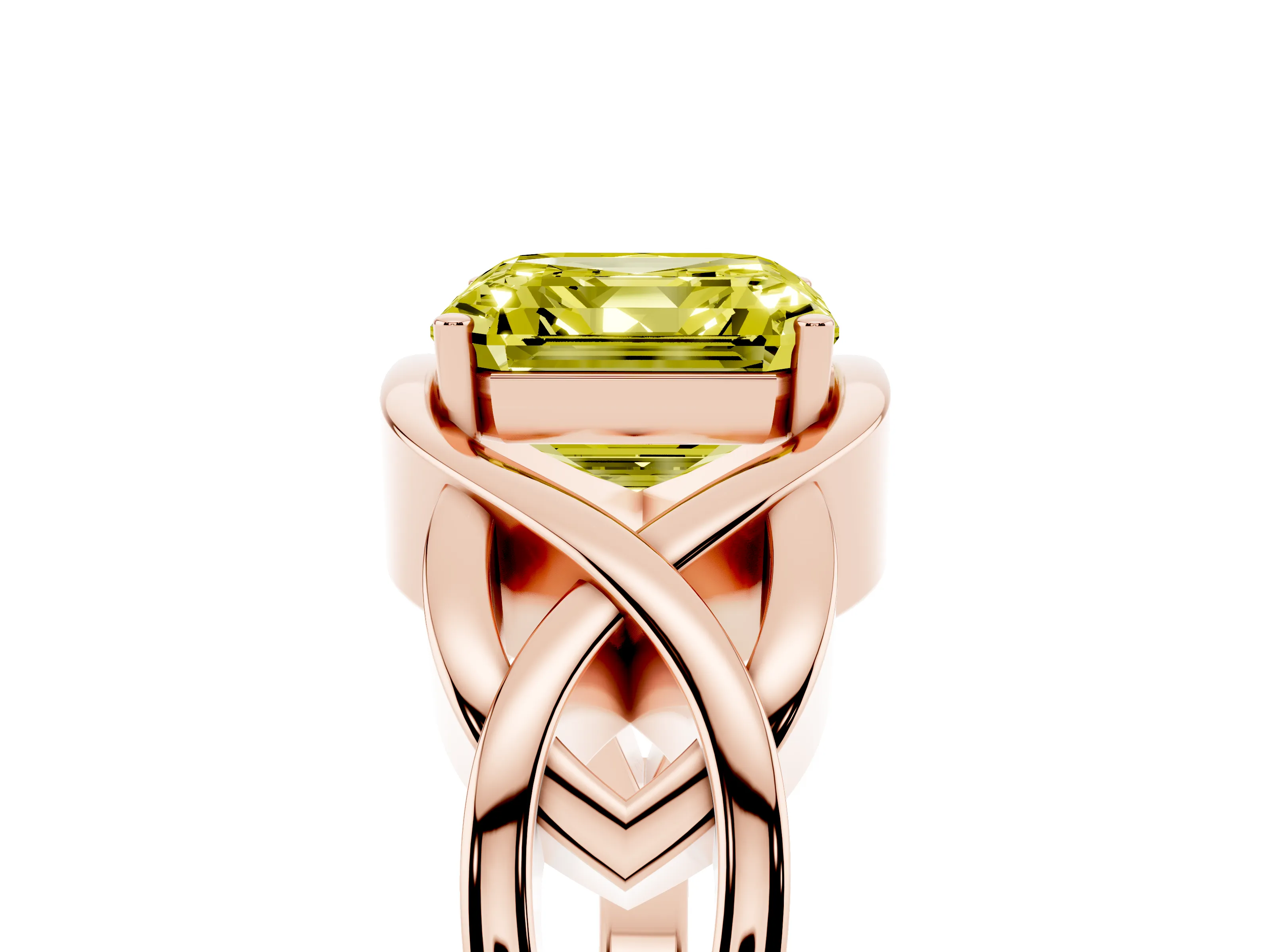 Fancy Yellow Asscher Cut Diamond Solitaire Ring Set in Rose gold with Intertwined Band