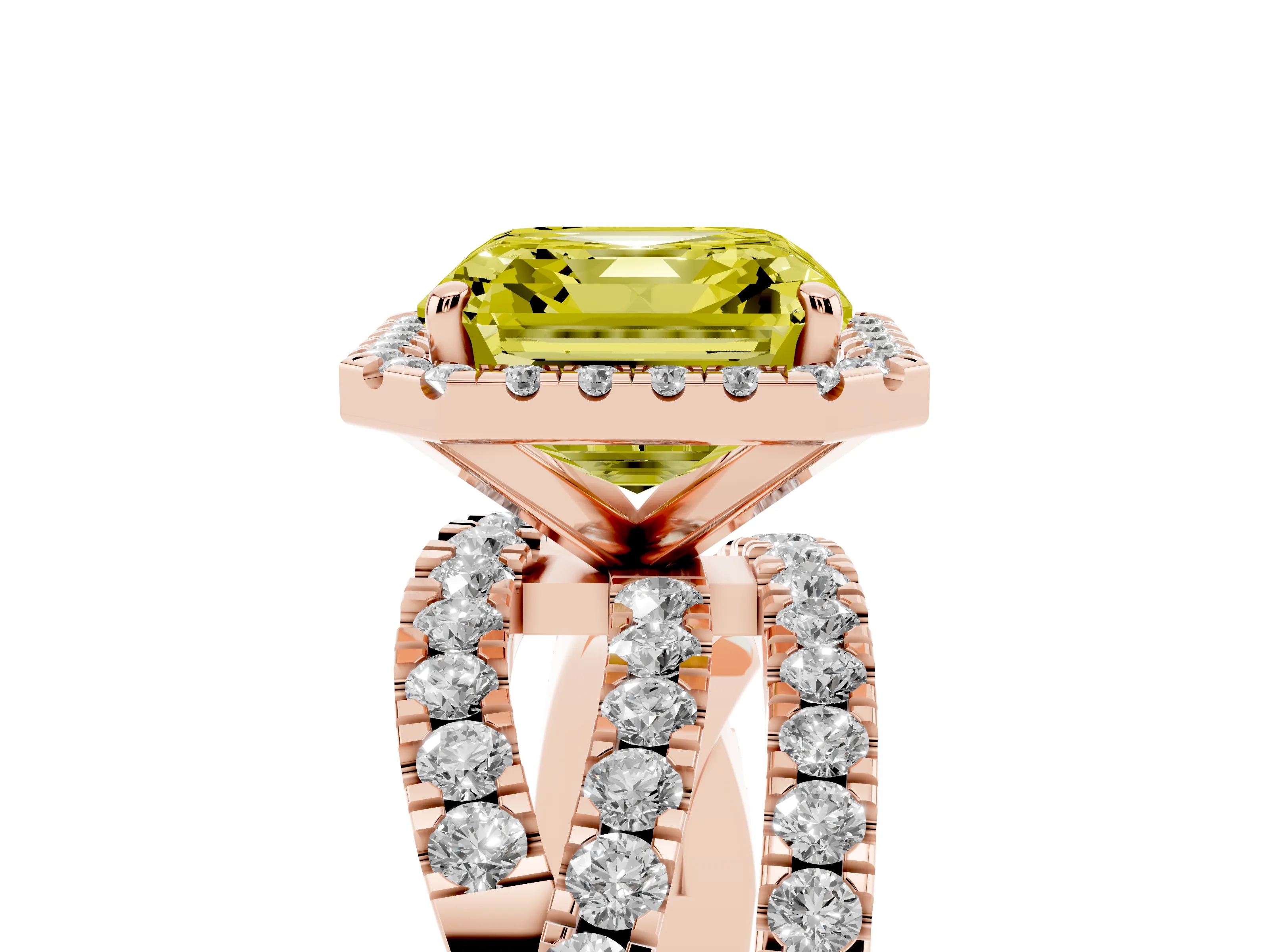 Fancy Yellow Asscher Cut Diamond Halo Ring Set in Rose gold with Round Crossover Split Shank and Prong Setting