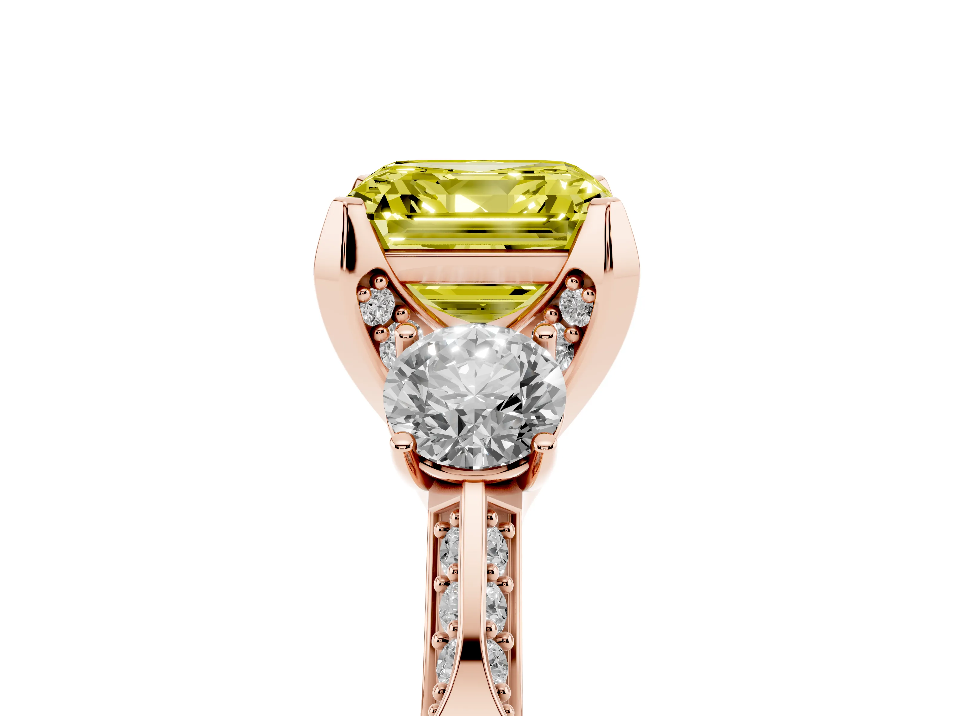 Fancy Yellow Asscher Cut Diamond Three-Stone Ring Set in Rose gold with Pavé Band and Smaller Side Stones