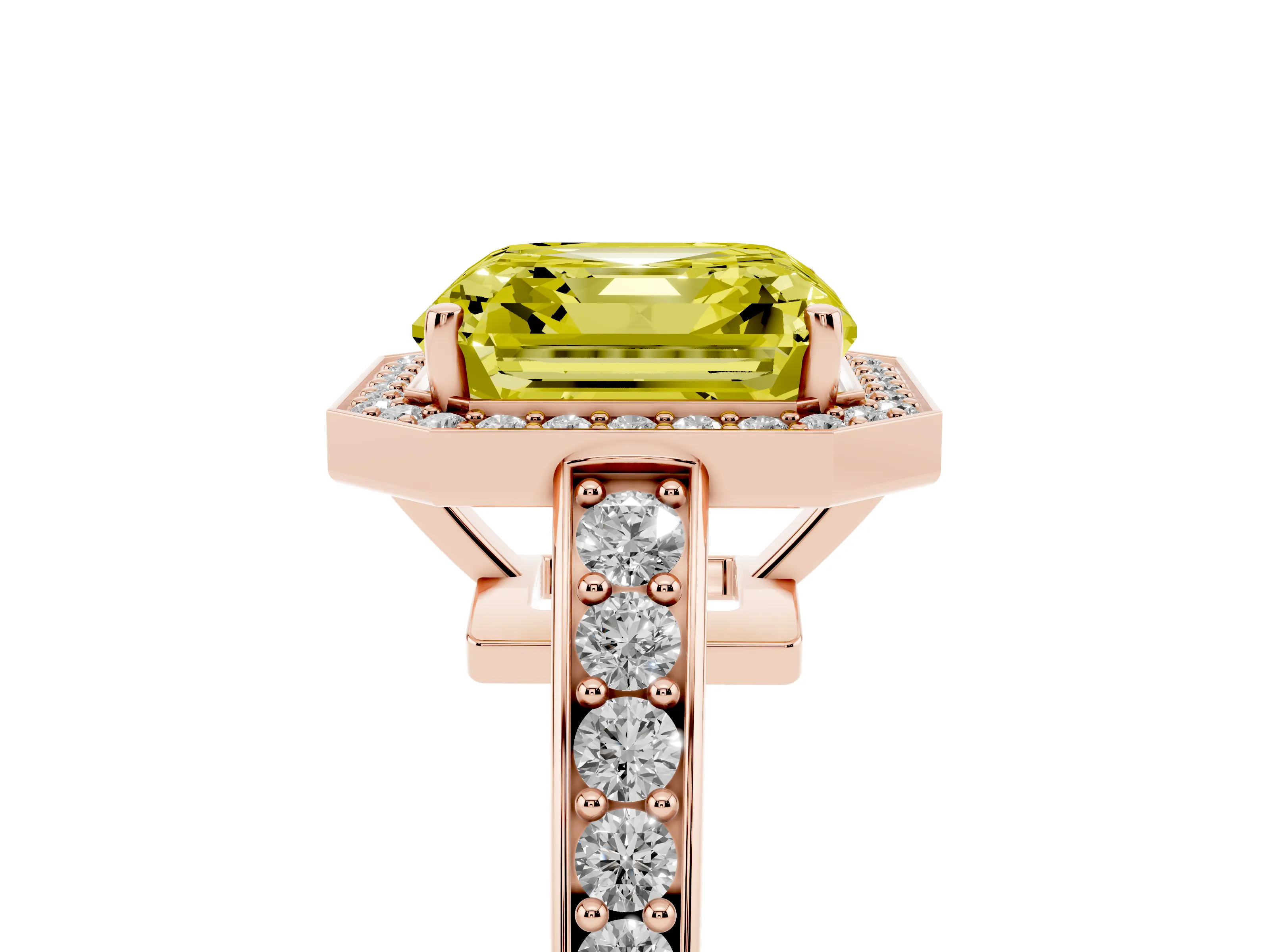 Fancy Yellow Asscher Cut Diamond Halo Pavé Engagement Ring Set in Rose gold with Bezel Setting