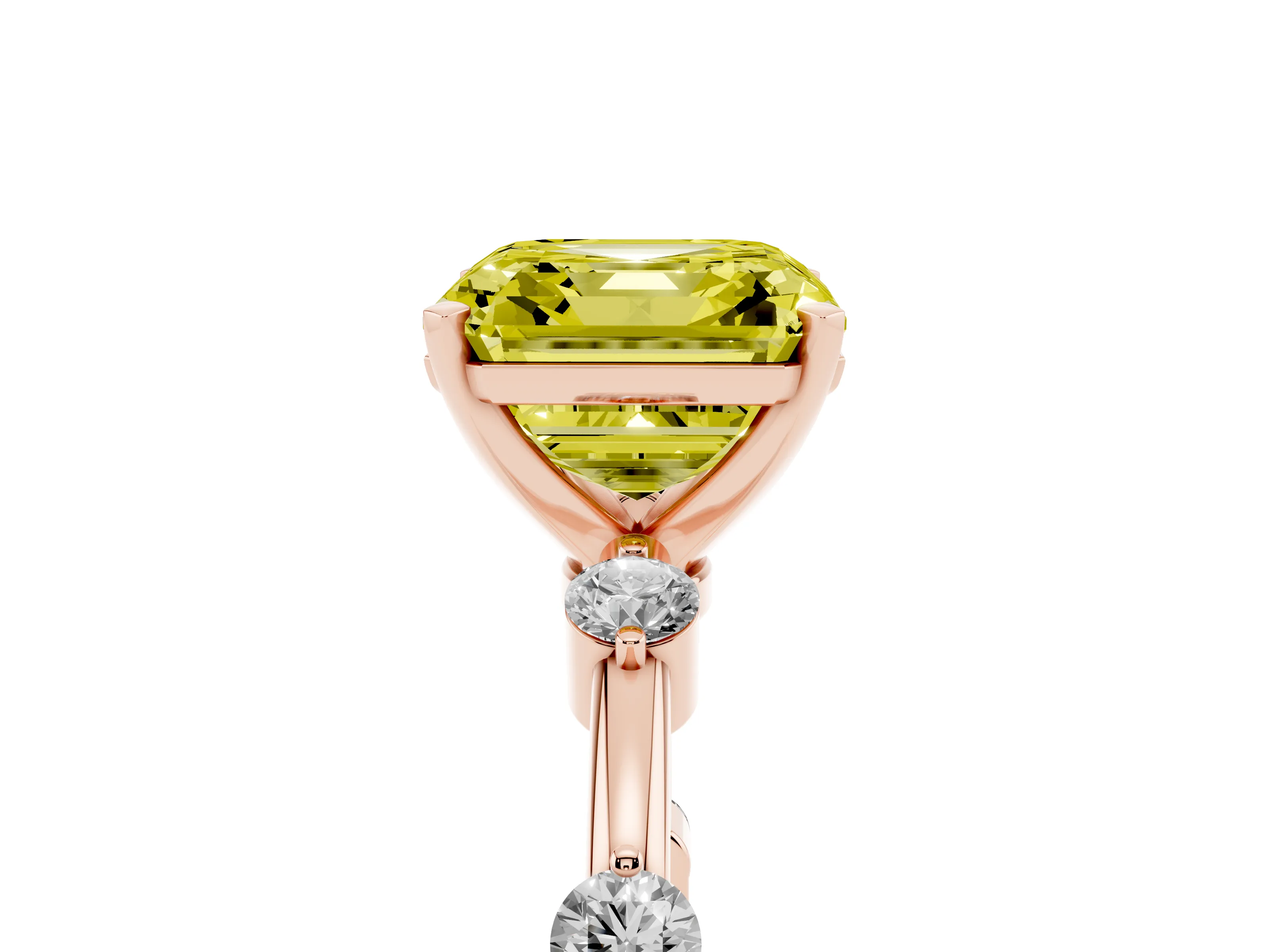 Fancy Yellow Asscher Cut Diamond Solitaire Ring Set in Rose gold with Bezel Set Side Stones and Prong Setting
