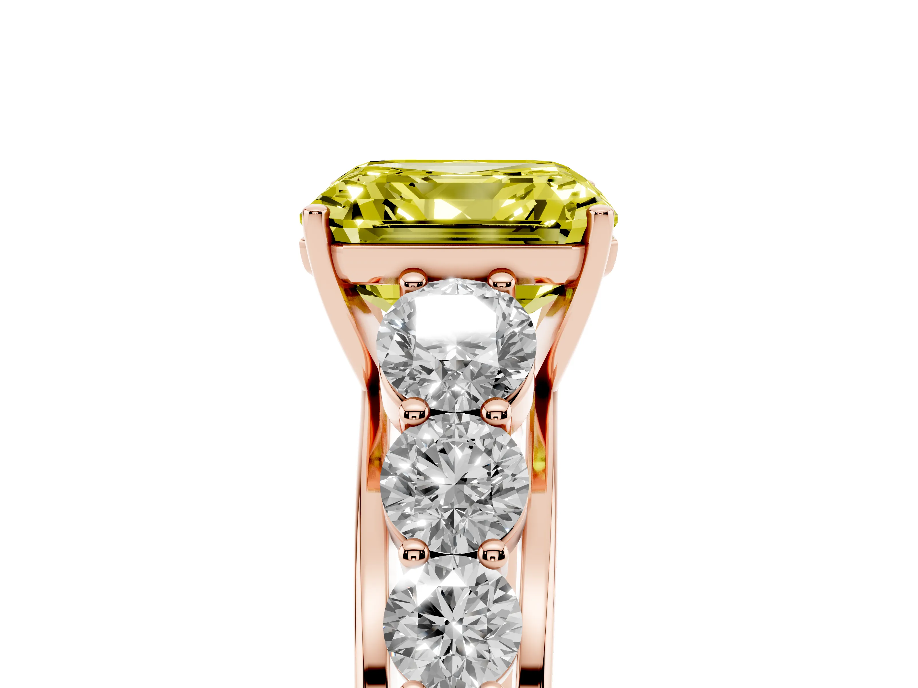 Fancy Yellow Asscher Cut Diamond Solitaire Ring Set in Rose gold with Pavé-Set Band and Prong Setting