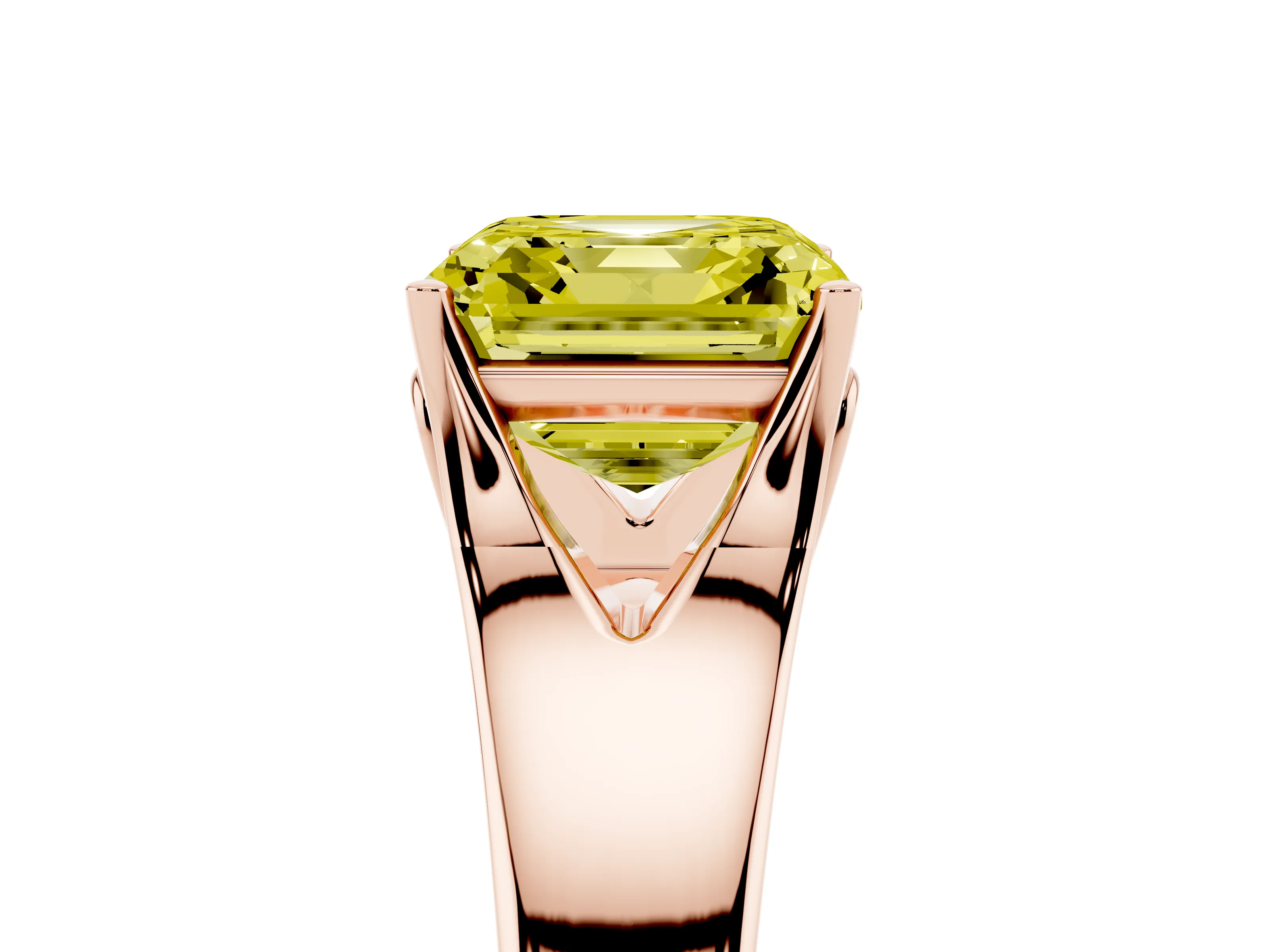 Fancy Yellow Asscher Cut Diamond Solitaire Ring Set in Rose gold with Arched Cathedral Band and Prong Setting