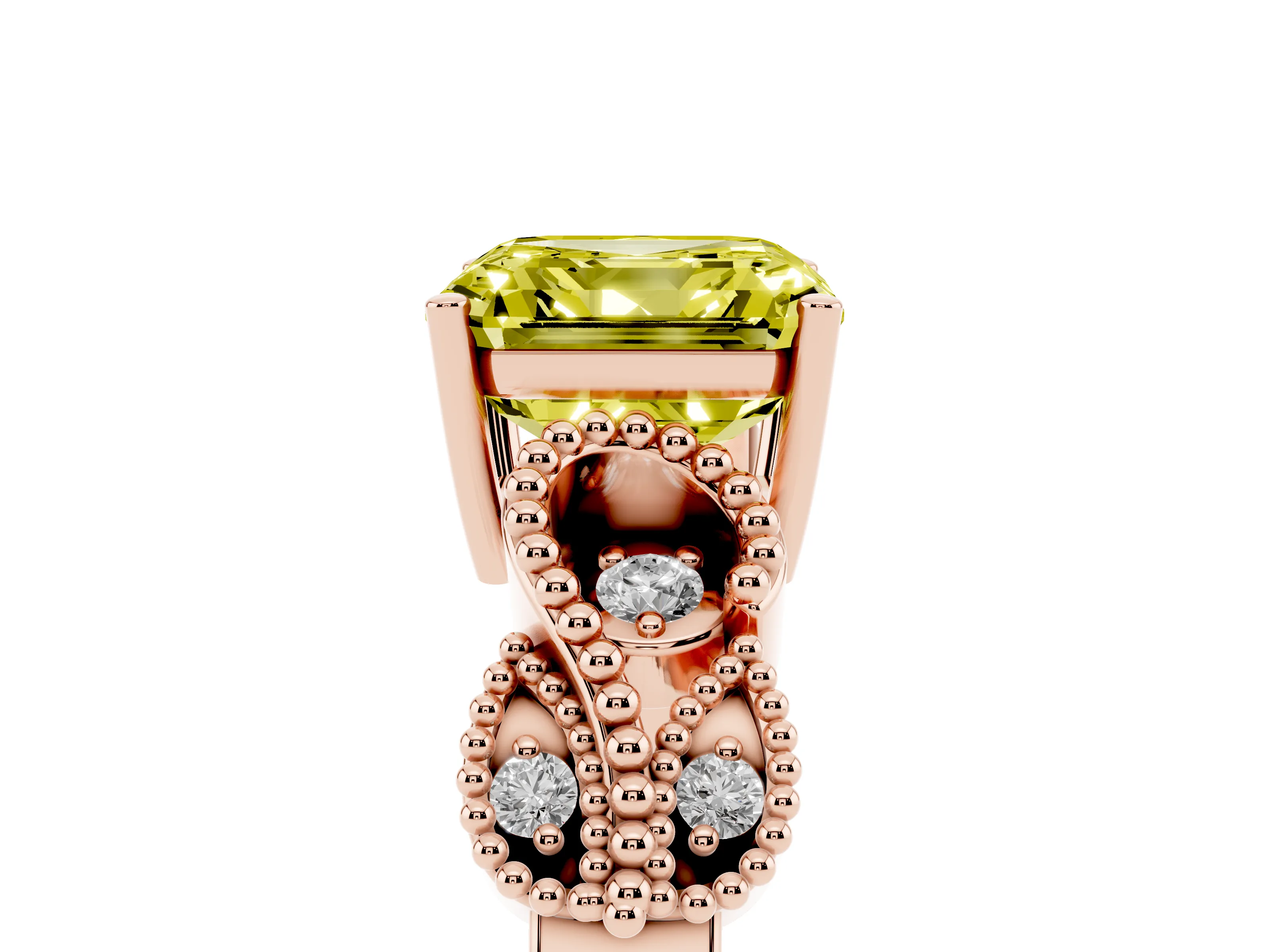 Fancy Yellow Asscher Cut Diamond Milgrain Leaf Band Solitaire Ring Set in Rose gold with Accent Stones and Prong Setting