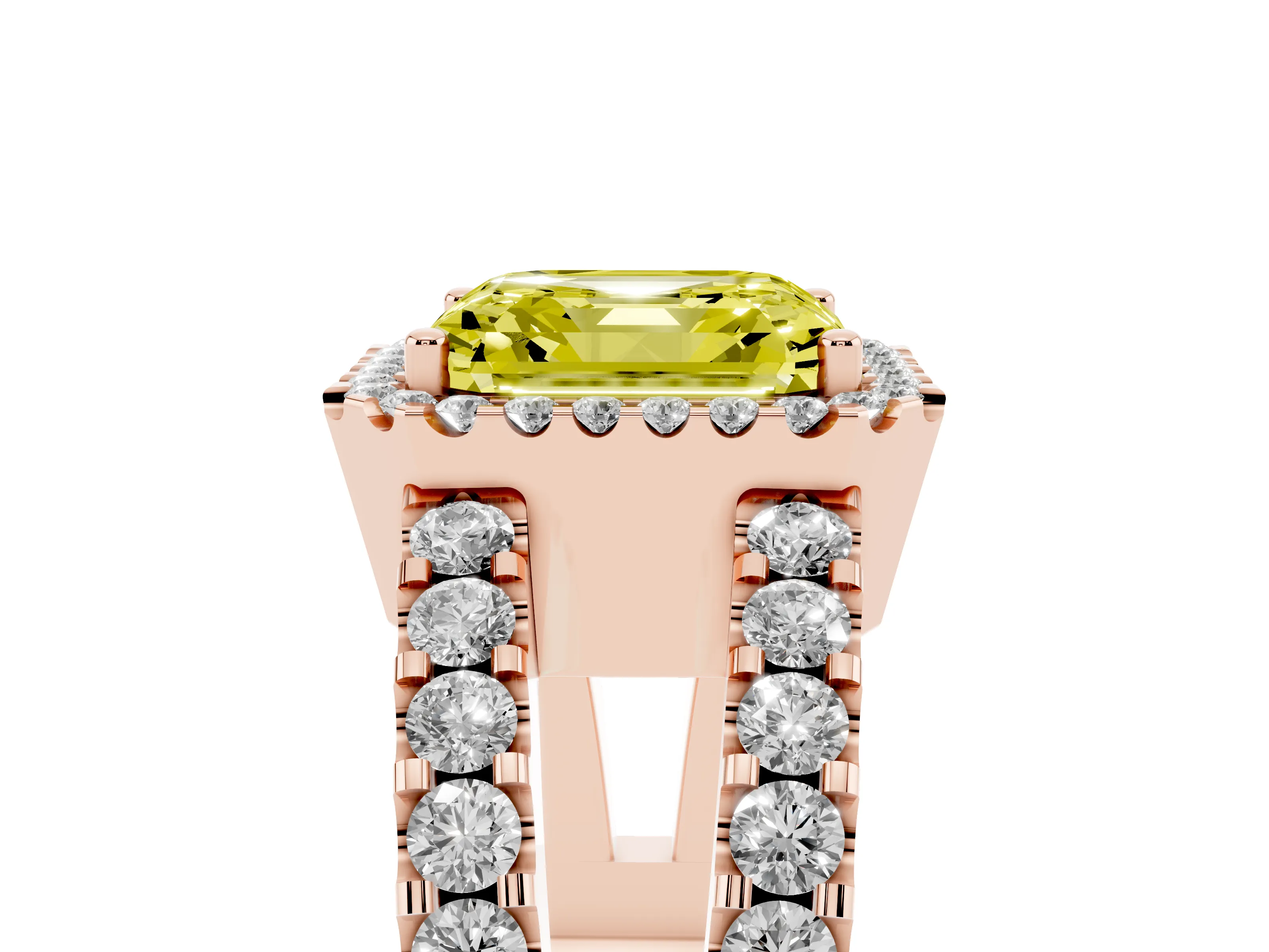 Fancy Yellow Asscher Cut Diamond Halo Ring Set in Rose gold with Pavé Split Shank and Prong Setting