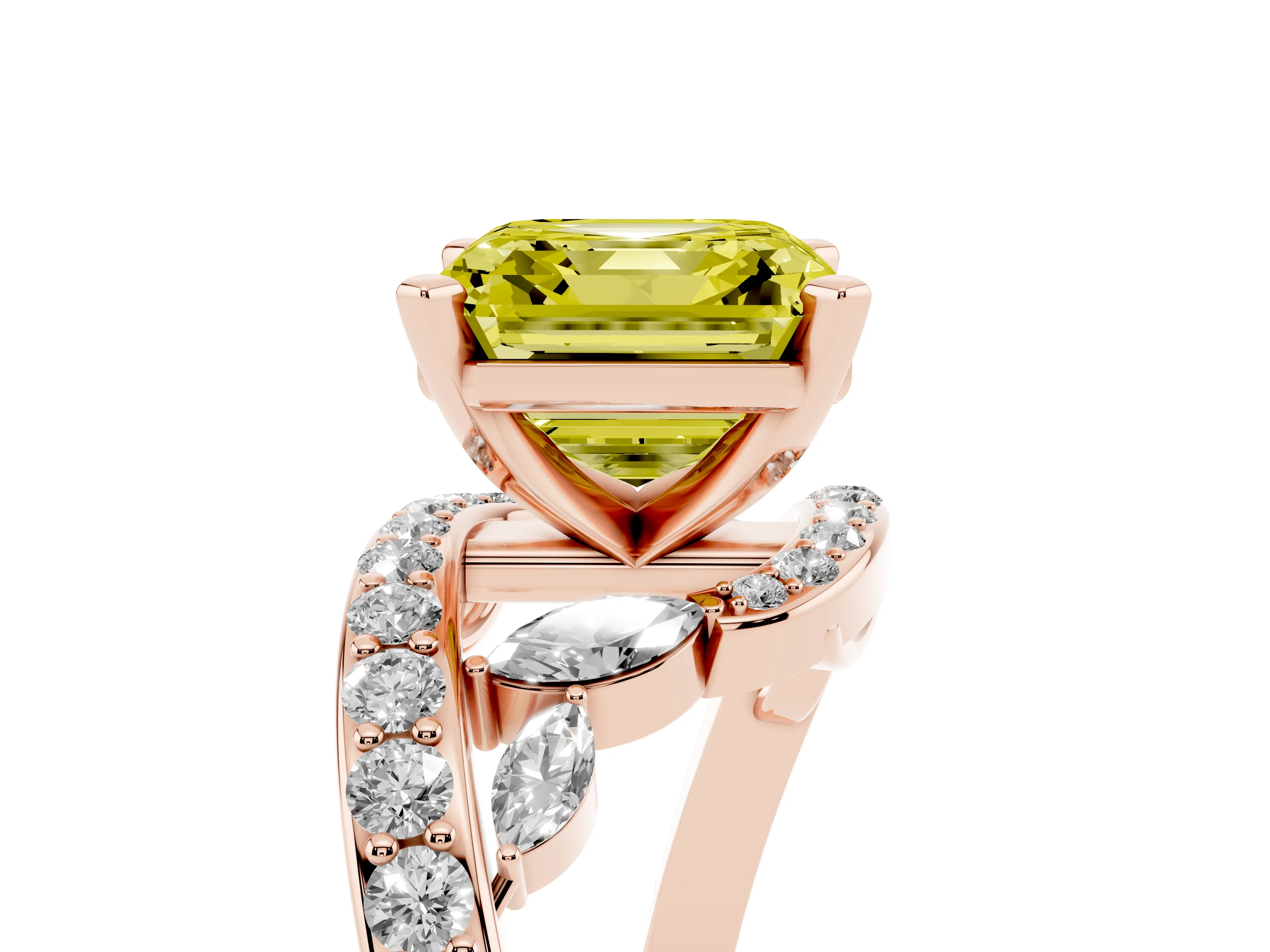 Fancy Yellow Asscher Cut Diamond Solitaire Ring Set in Rose gold with Pavé Twist Band and Secure Prong Setting