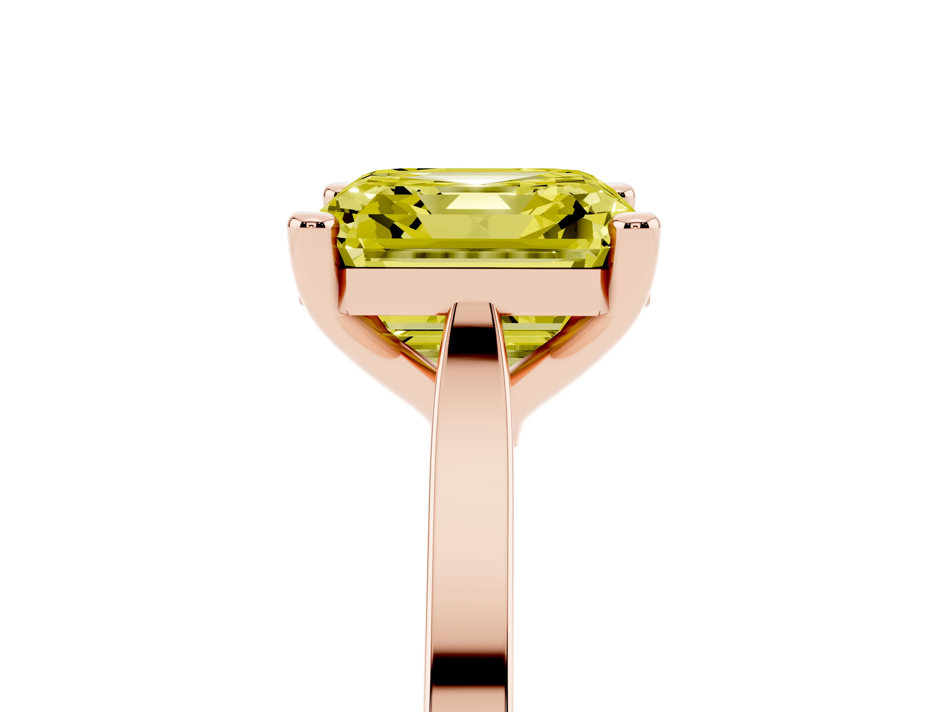Fancy Yellow Asscher Cut Diamond Solitaire Ring Set in Rose gold with Prong Setting and Tapered Band
