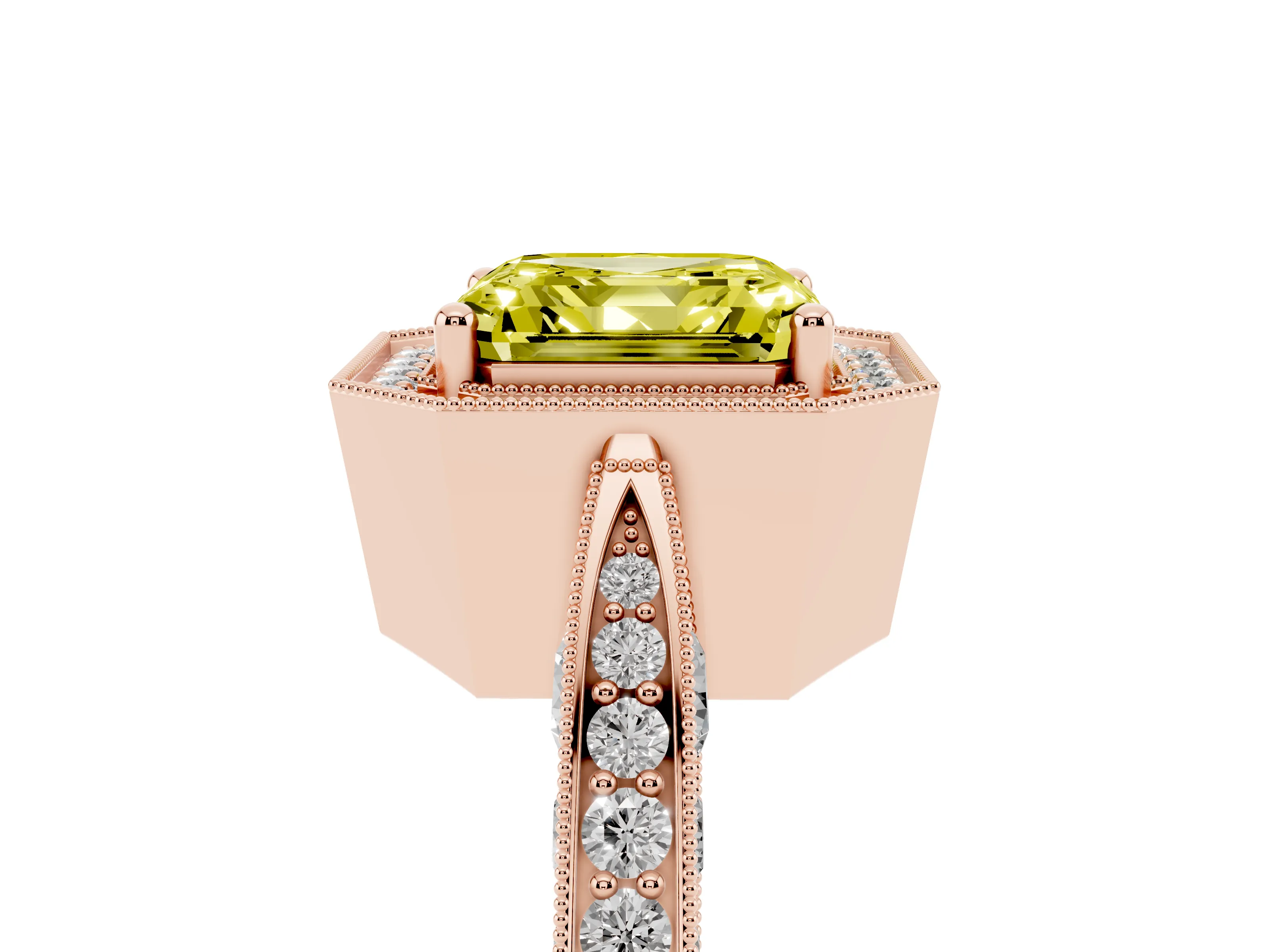 Fancy Yellow Asscher Cut Diamond Halo Engagement Ring Set in Rose gold with Accent Split Shank Band