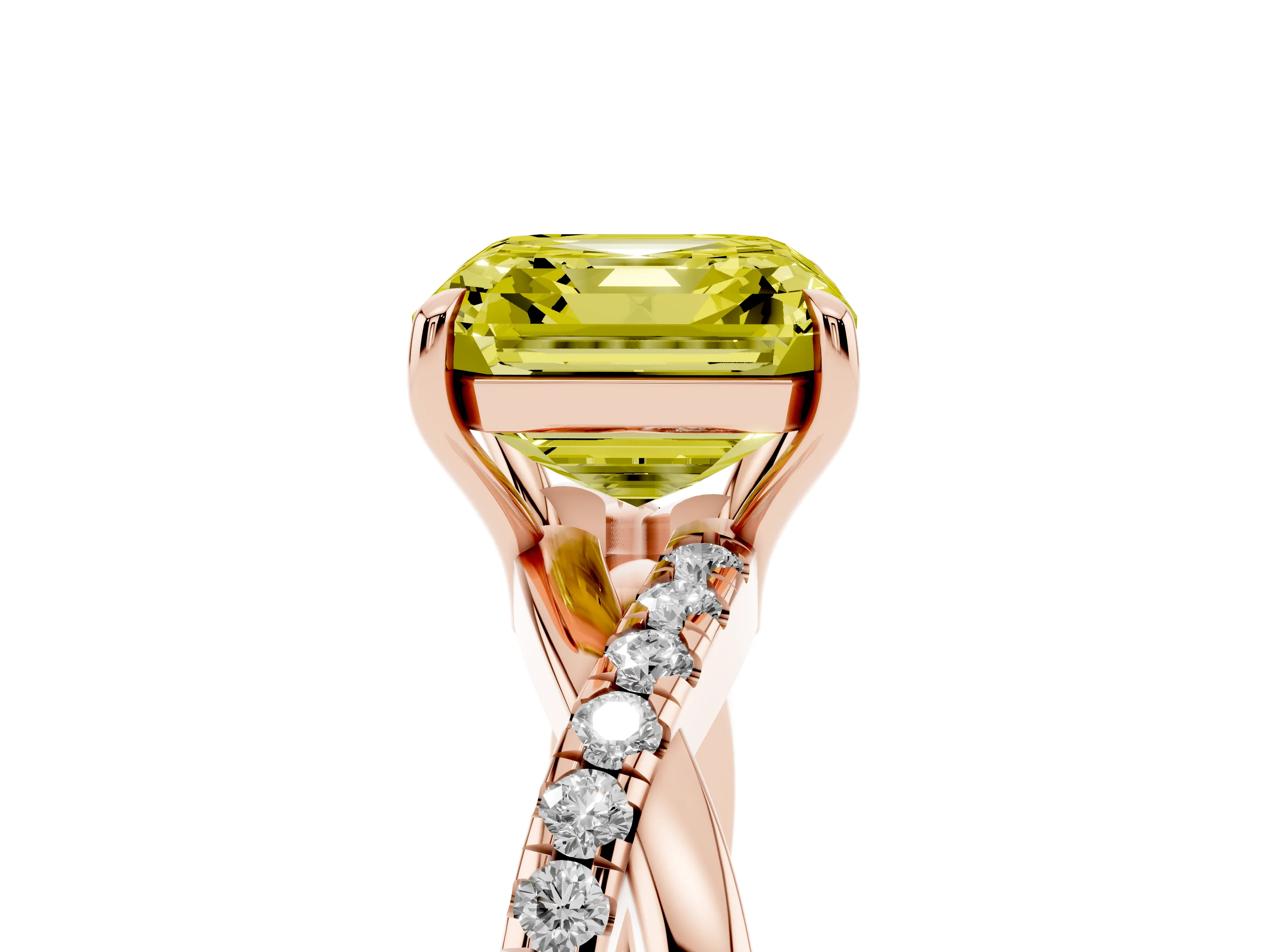 Fancy Yellow Asscher Cut Diamond Twisted Pavé Band Ring Set in Rose gold with Prong Setting