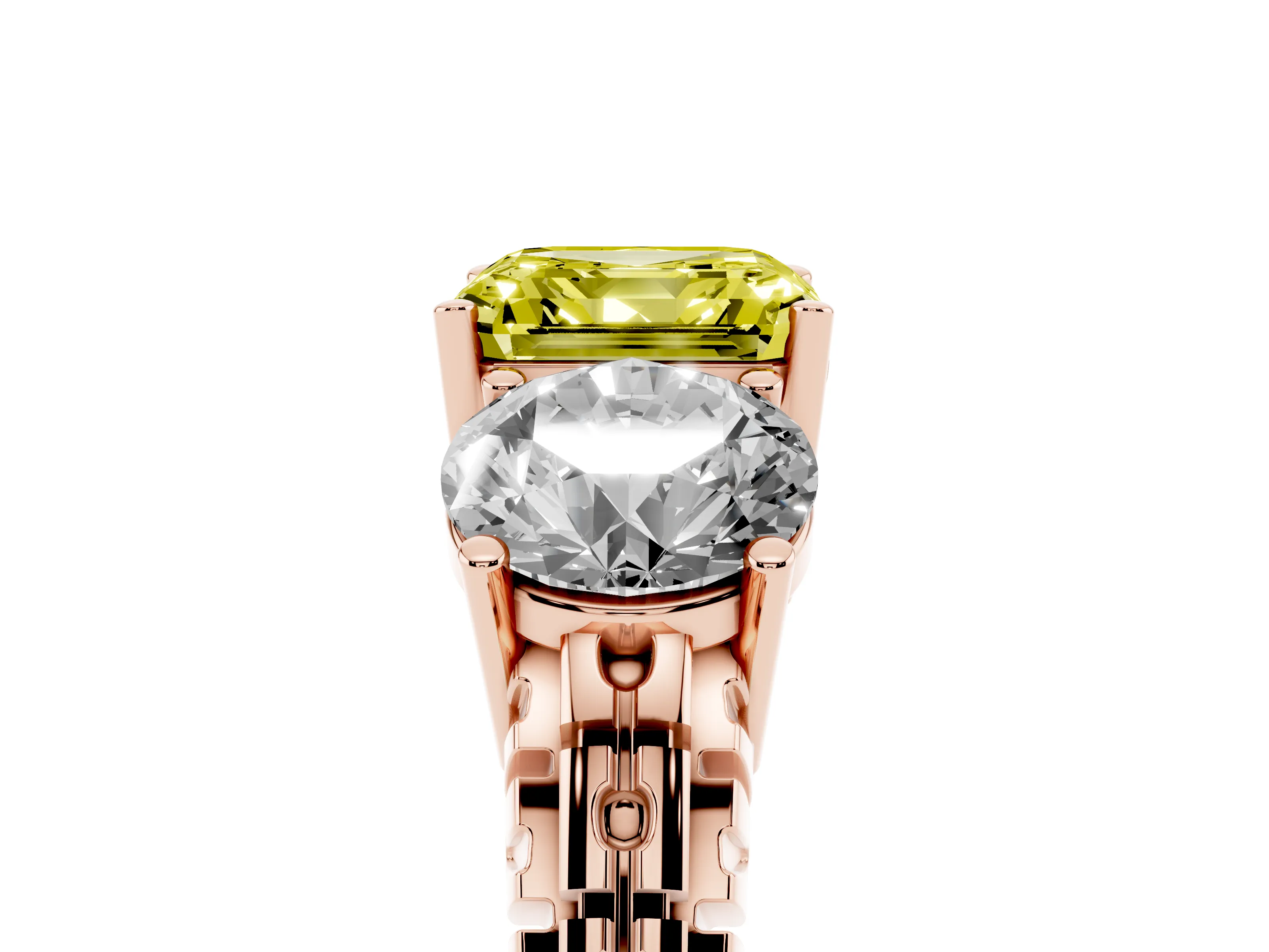 Fancy Yellow Asscher Cut Diamond Three-Stone Ring Set in Rose gold with Channel-Set Accent Band
