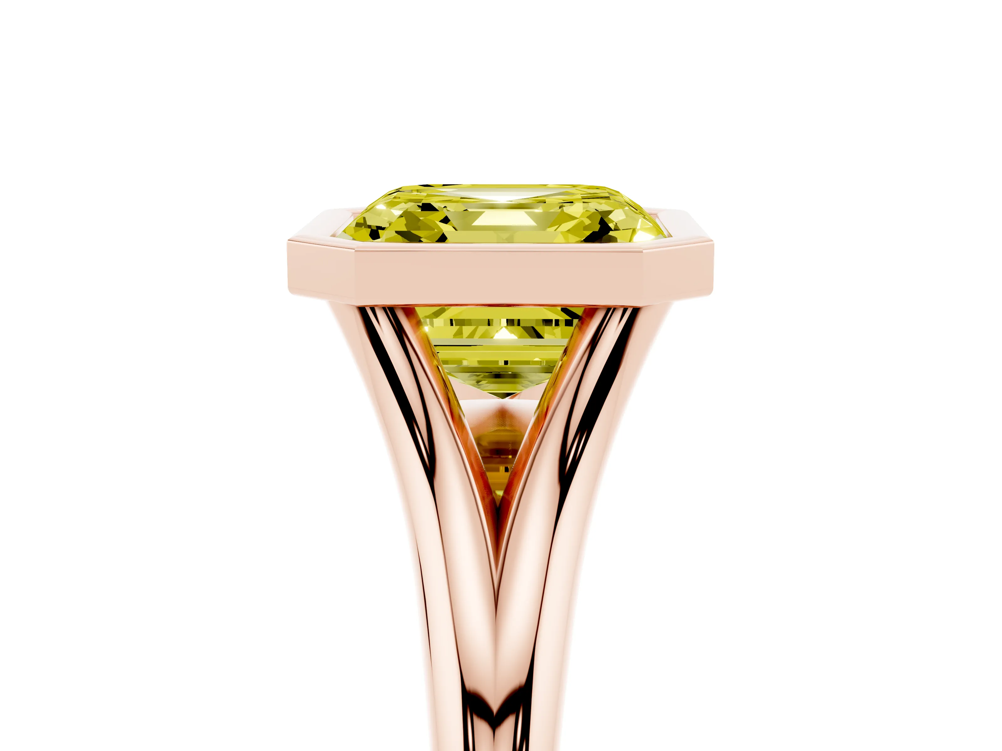 Fancy Yellow Bezel Set Asscher Cut Diamond Solitaire Ring Set in Rose gold with Tapered Band
