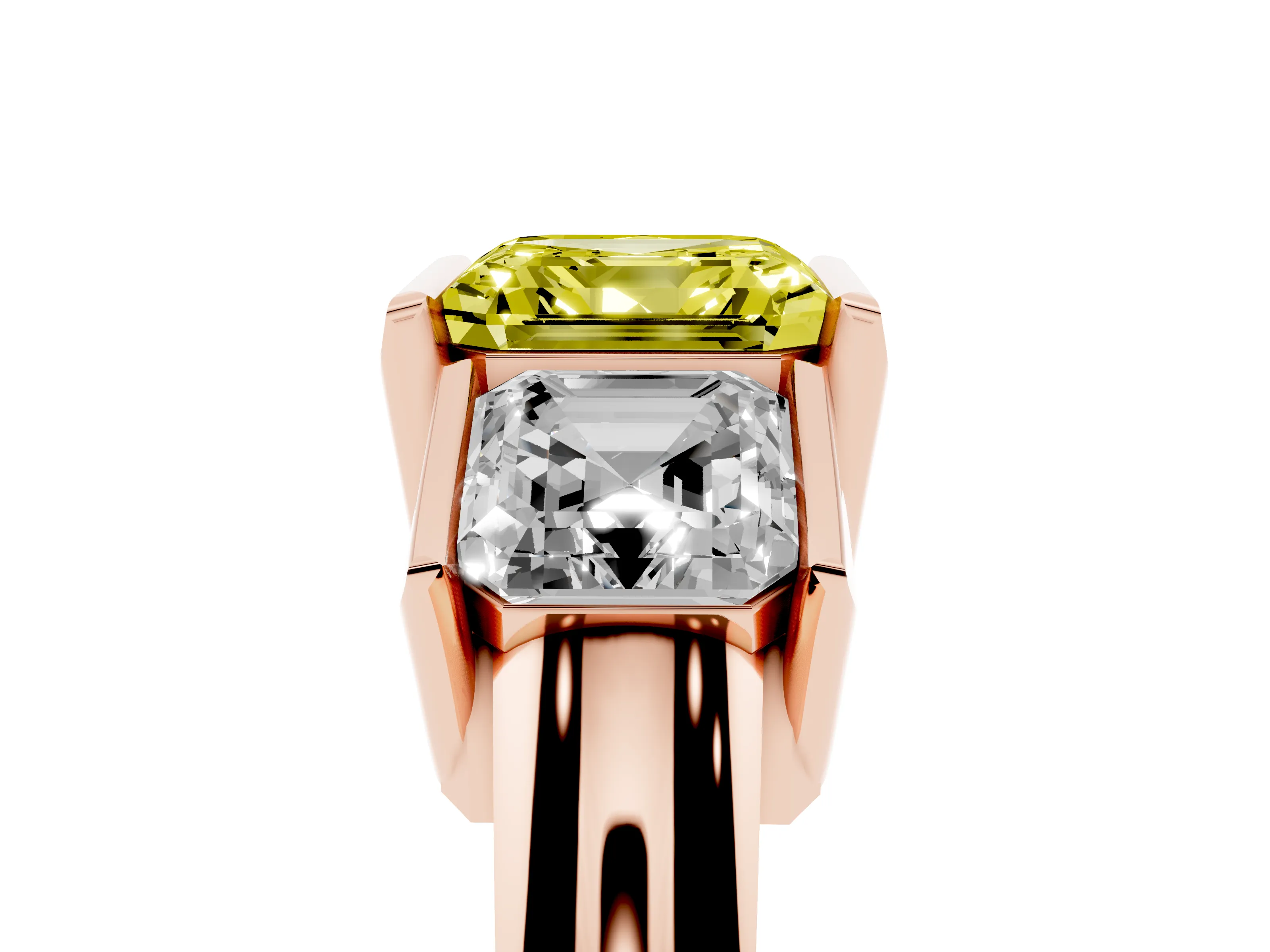 Fancy Yellow Asscher Cut Diamond Three-Stone Channel Set Ring Set in Rose gold with Smooth Polished Band