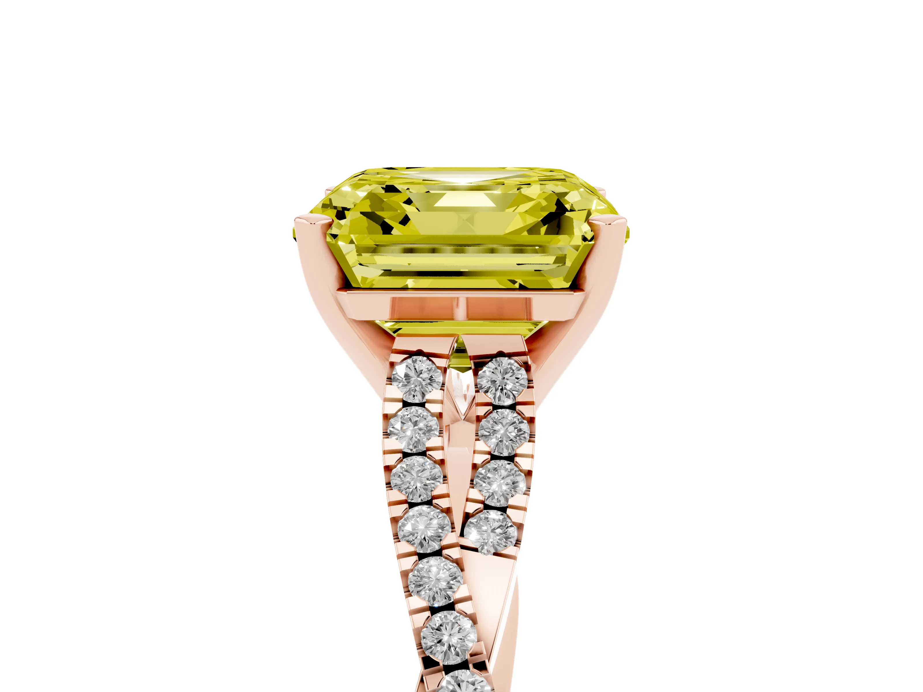 Fancy Yellow Asscher Cut Diamond Solitaire Engagement Ring Set in Rose gold with Twisted Pavé Band and Prong Setting