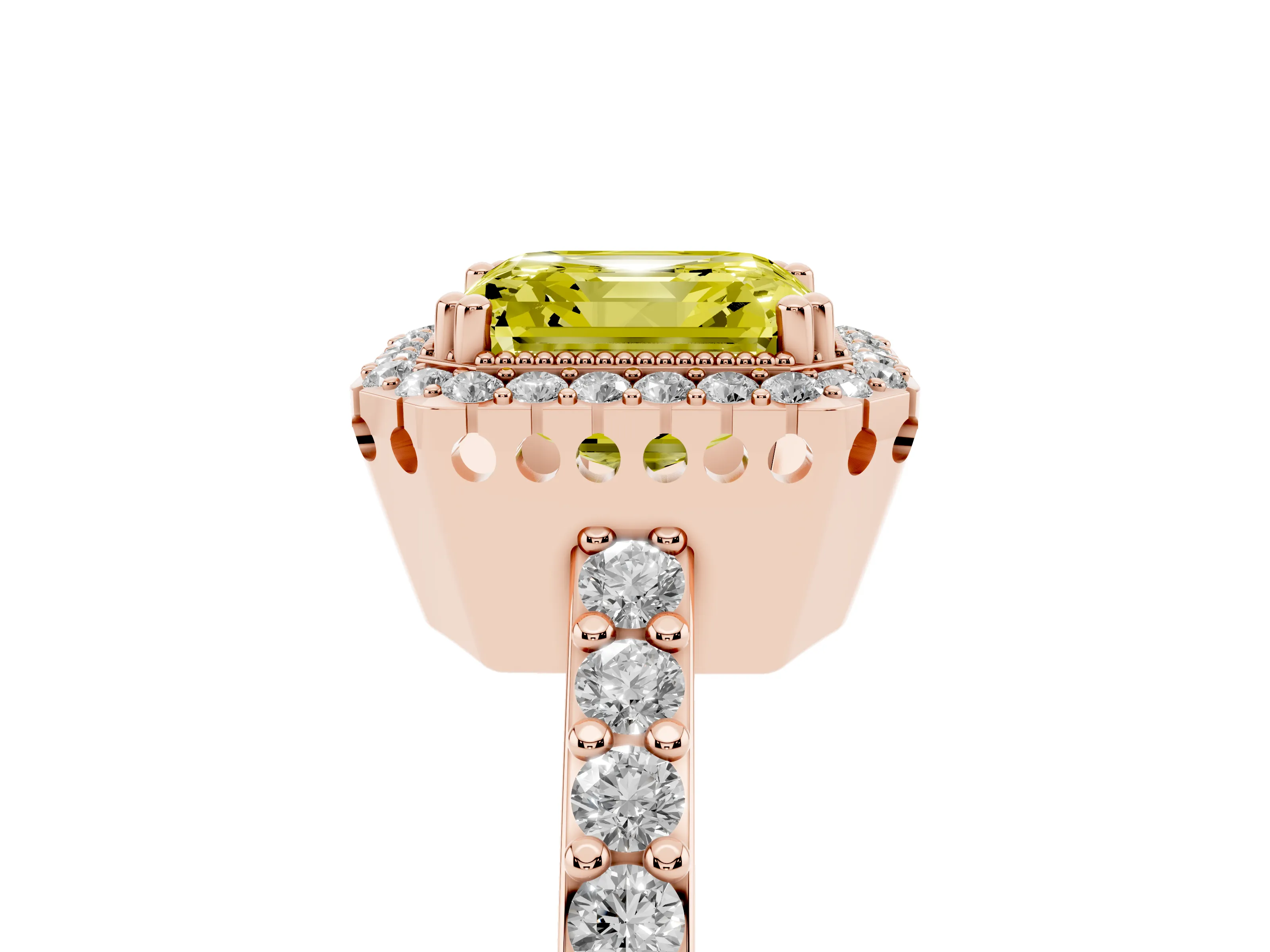 Fancy Yellow Asscher Cut Diamond Halo Engagement Ring Set in Rose gold with Milgrain Detail and Pavé Band