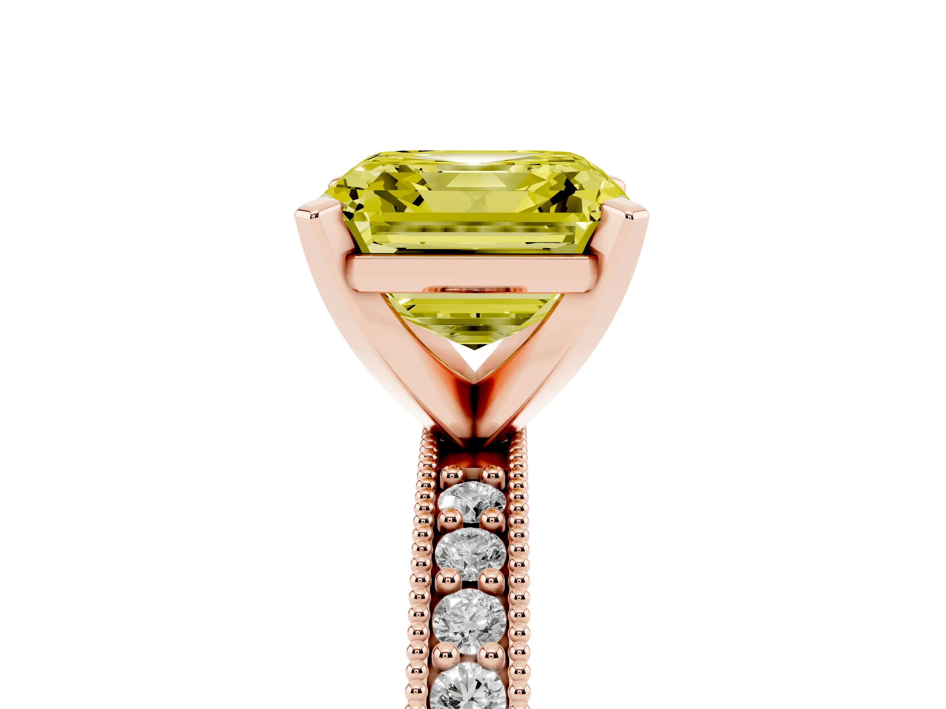 Fancy Yellow Asscher Cut Diamond Milgrain Pavé Engagement Ring Set in Rose gold with Prong Setting