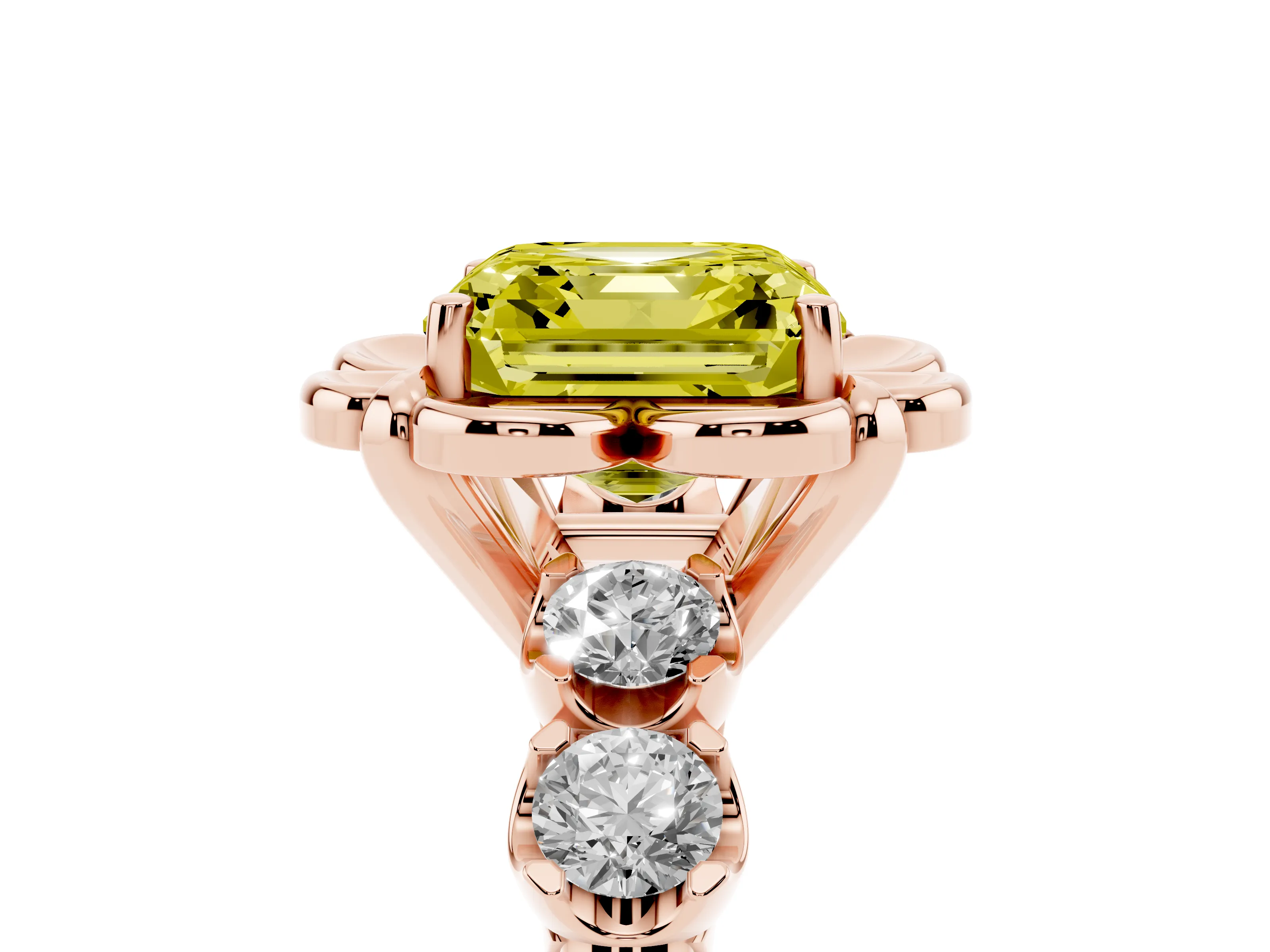 Fancy Yellow Asscher Cut Diamond Floral Halo Ring Set in Rose gold with Shared Prong Band