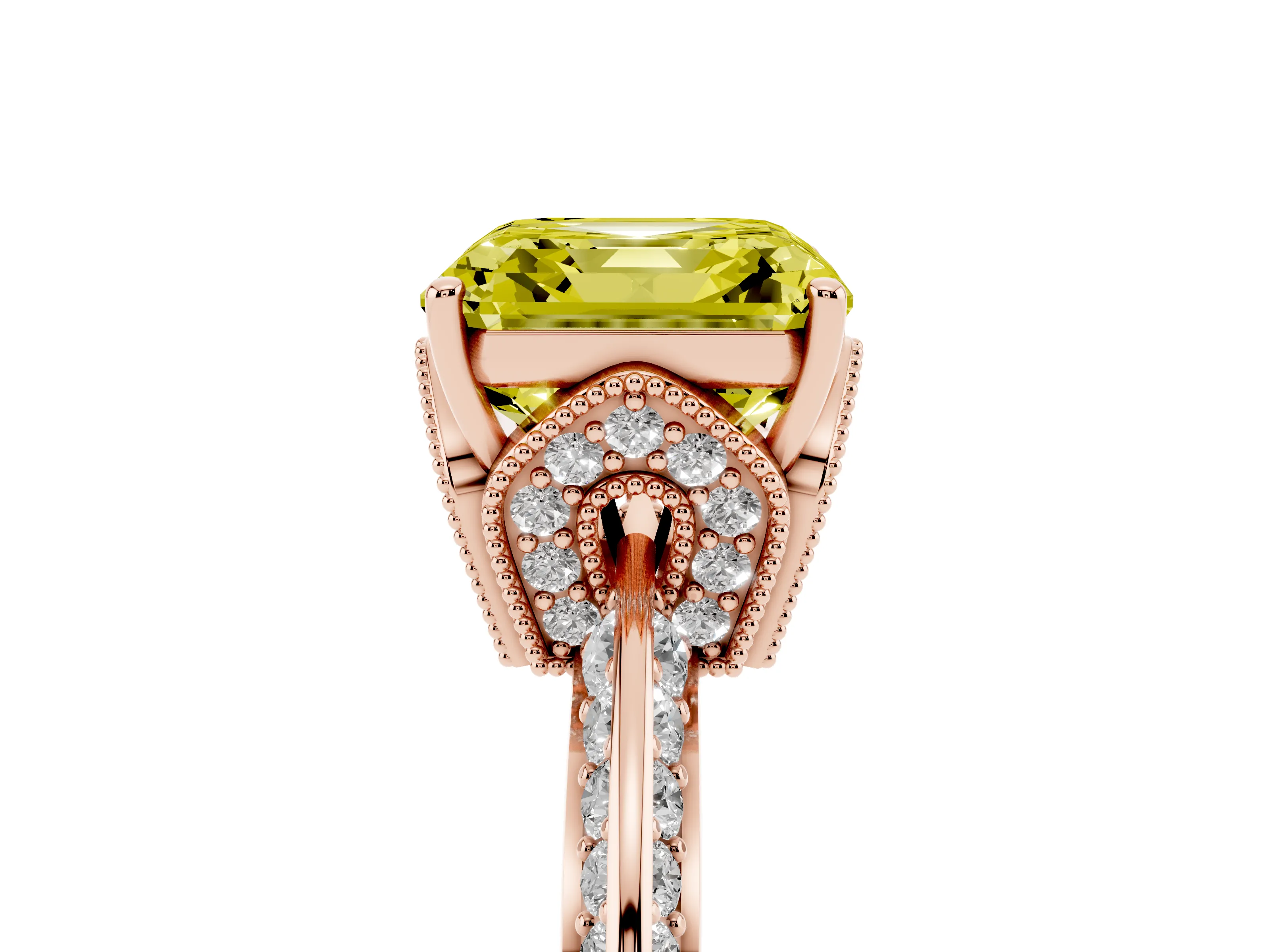 Fancy Yellow Asscher Cut Diamond Solitaire Engagement Ring Set in Rose gold with Pavé Split Shank and Prong Setting