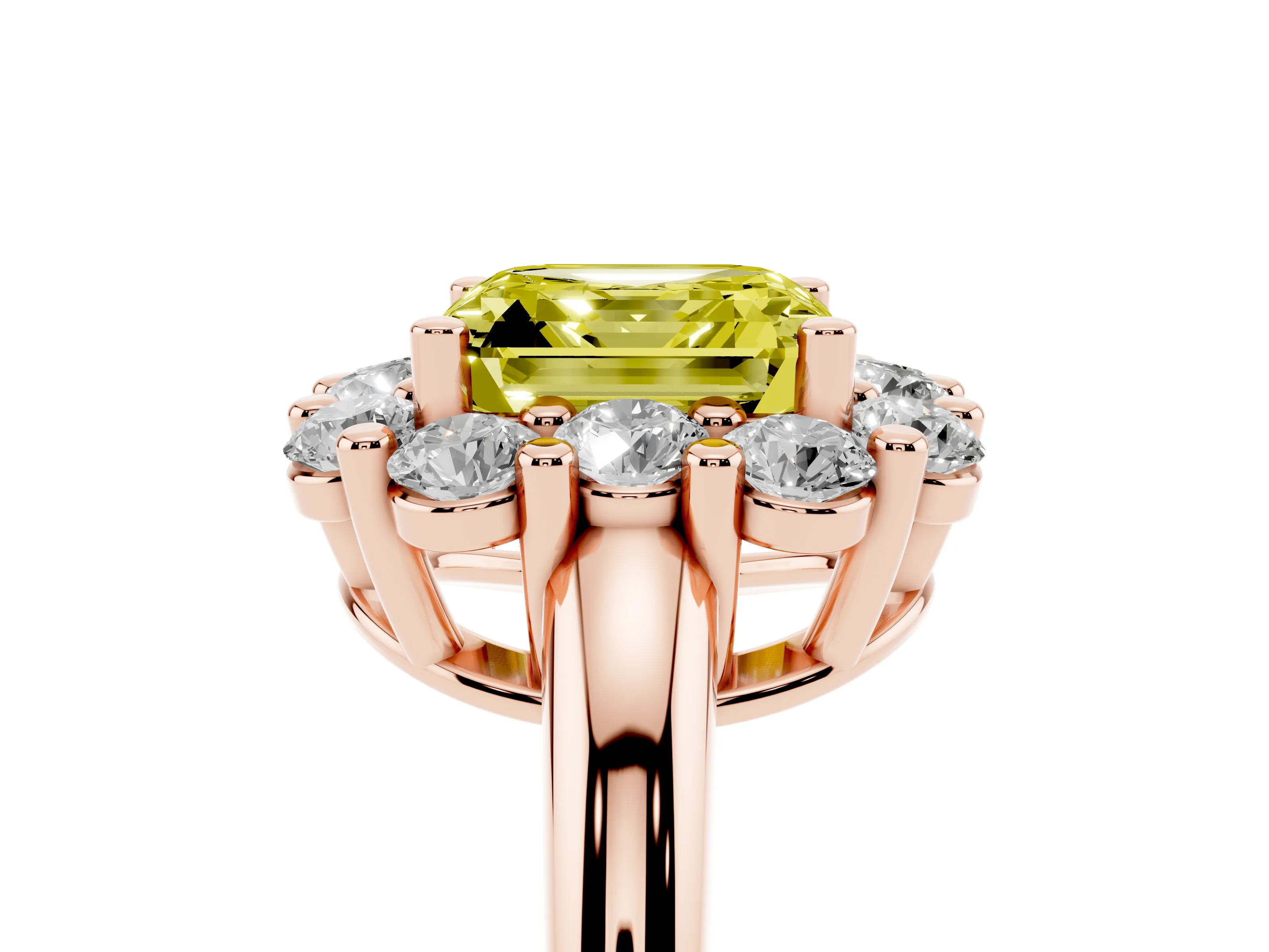 Fancy Yellow Asscher Cut Diamond Halo Cluster Engagement Ring Set in Rose gold with Polished Band and Prong Setting