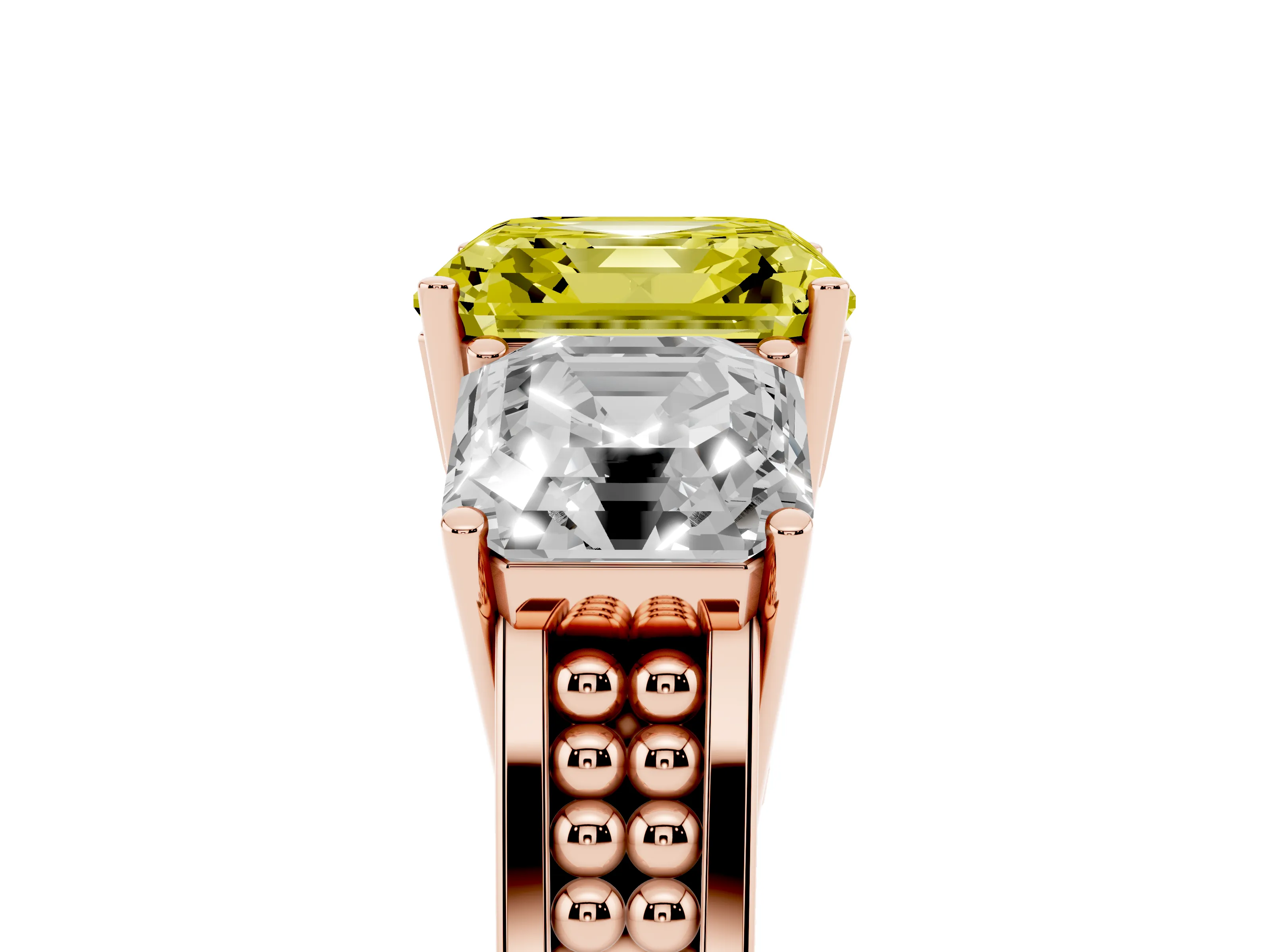 Fancy Yellow Asscher Cut Diamond Three-Stone Ring Set in Rose gold with Textured Band
