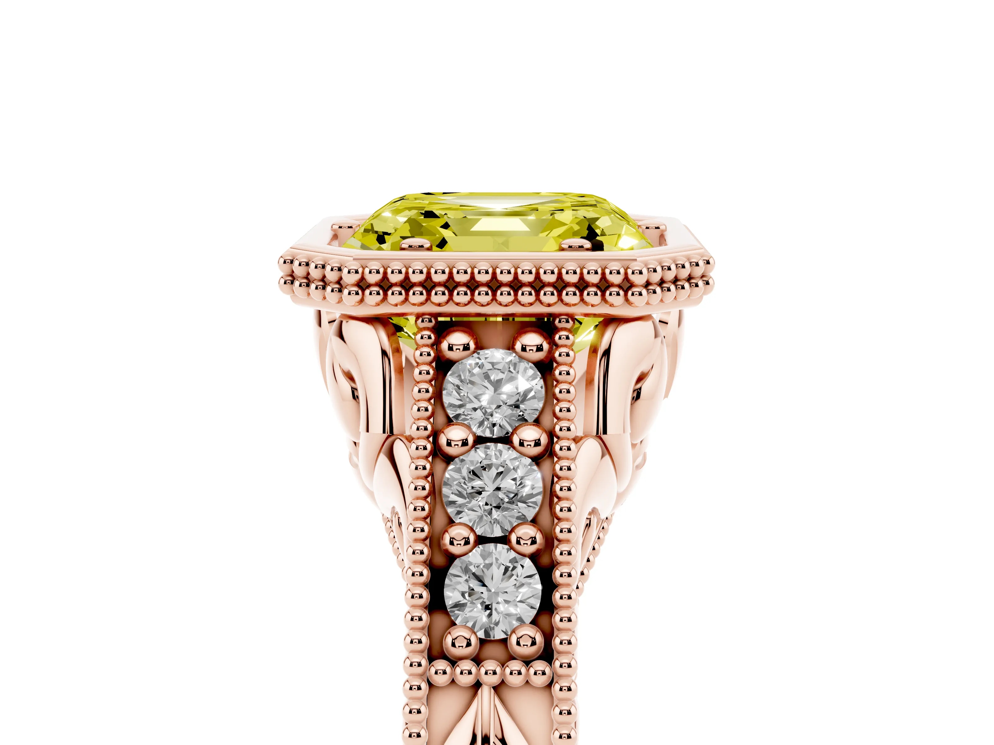 Fancy Yellow Bezel Set Asscher Cut Diamond Milgrain Pavé Engagement Ring Set in Rose gold