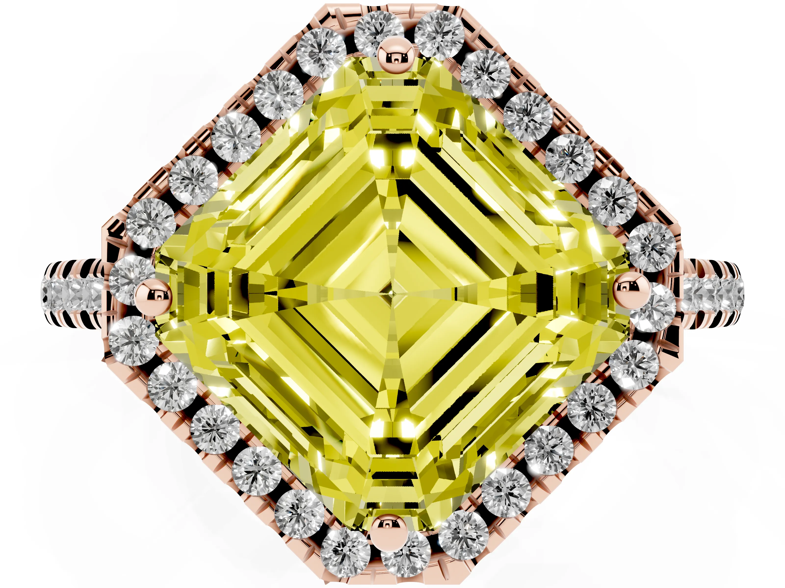 Fancy Yellow Asscher Cut Diamond Cushion Halo Ring Set in Rose gold with Pavé Band