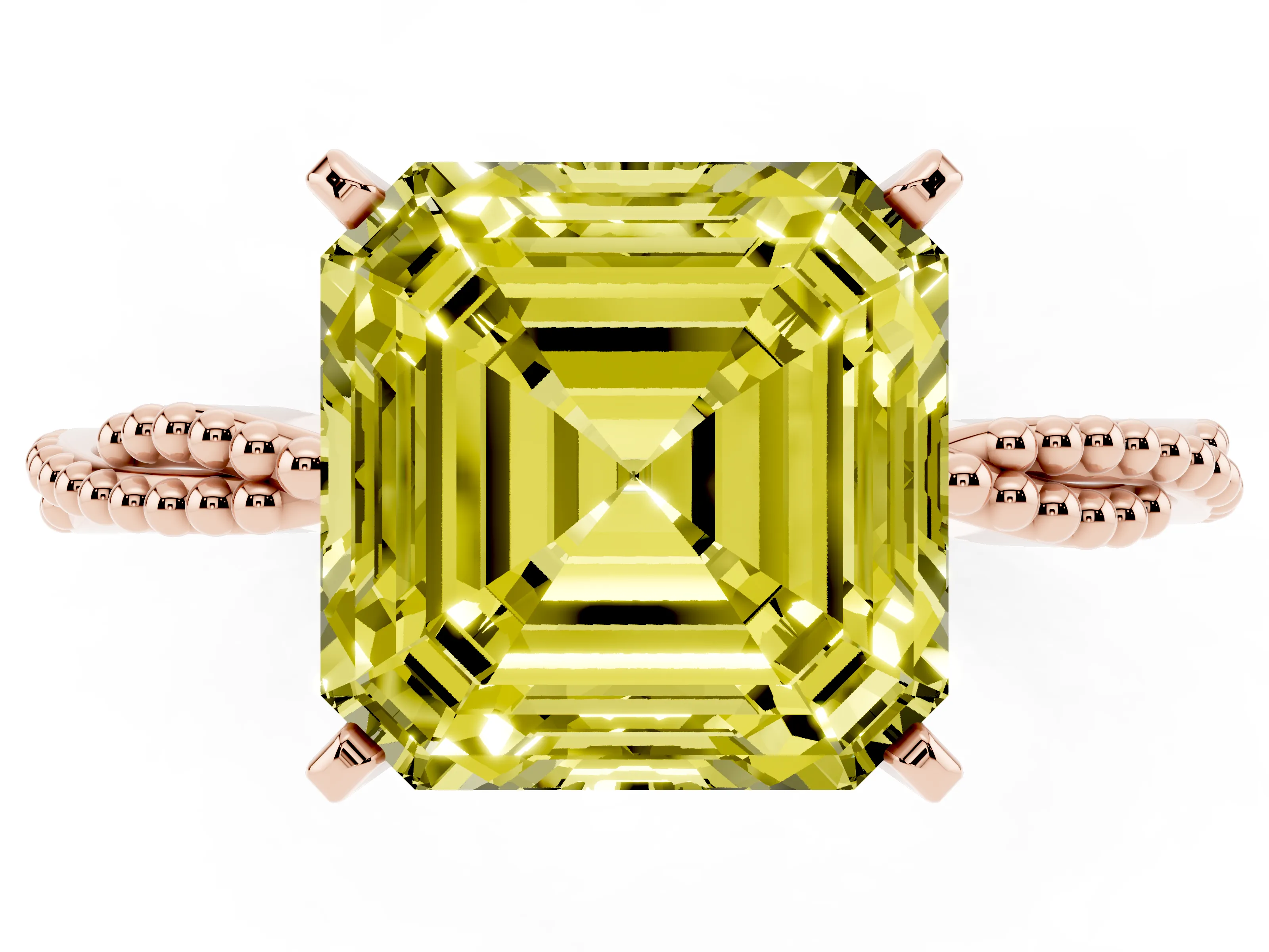 Fancy Yellow Asscher Cut Diamond Solitaire Ring Set in Rose gold with Twisted Band and Bead Prong Setting