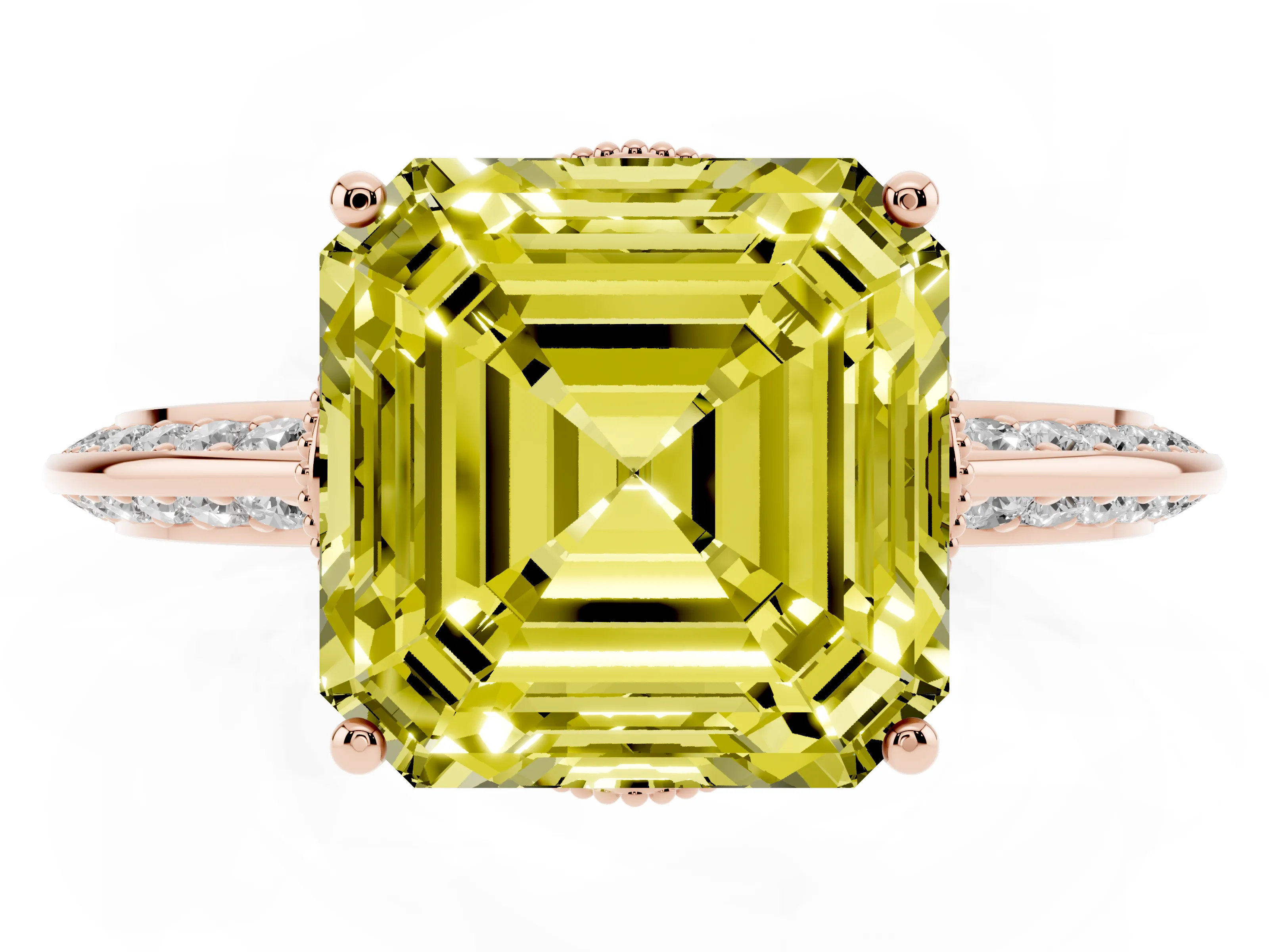 Fancy Yellow Asscher Cut Diamond Solitaire Engagement Ring Set in Rose gold with Pavé Split Shank and Prong Setting