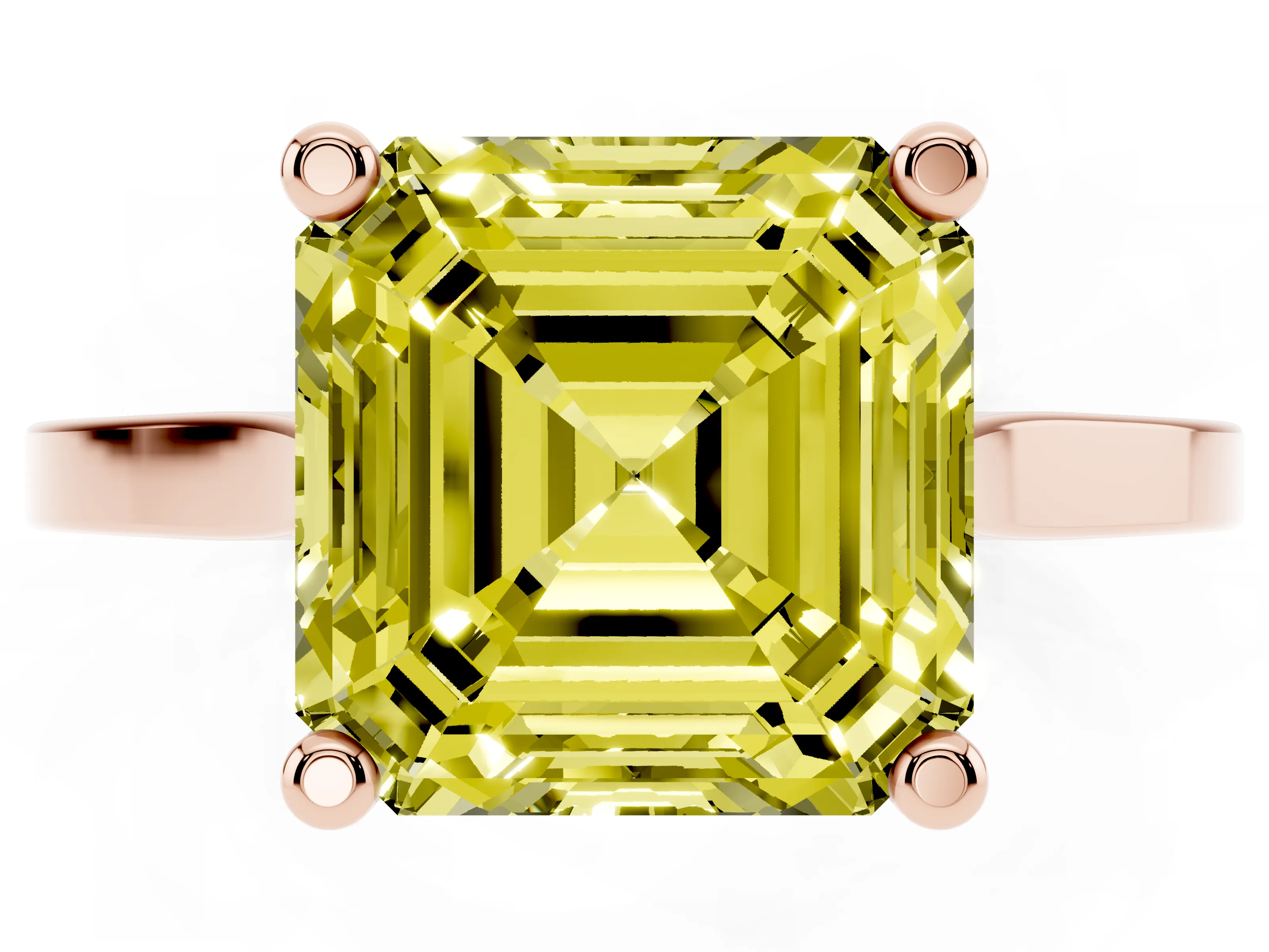 Fancy Yellow Asscher Cut Diamond Solitaire Ring Set in Rose gold with Prong Setting and Tapered Band