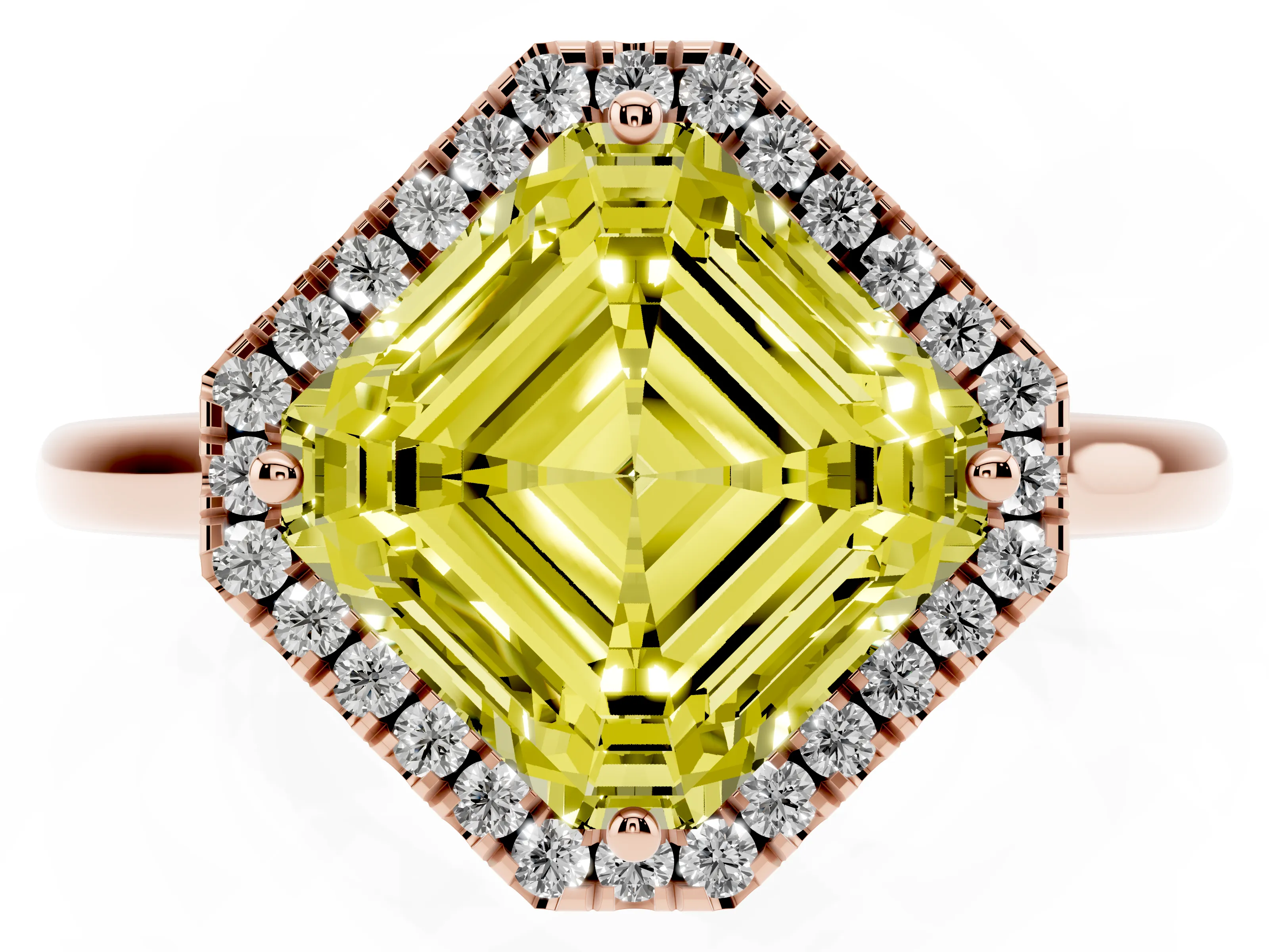 Fancy Yellow Asscher Cut Diamond Halo Engagement Ring Set in Rose gold with Pavé Band and Rising Shoulders