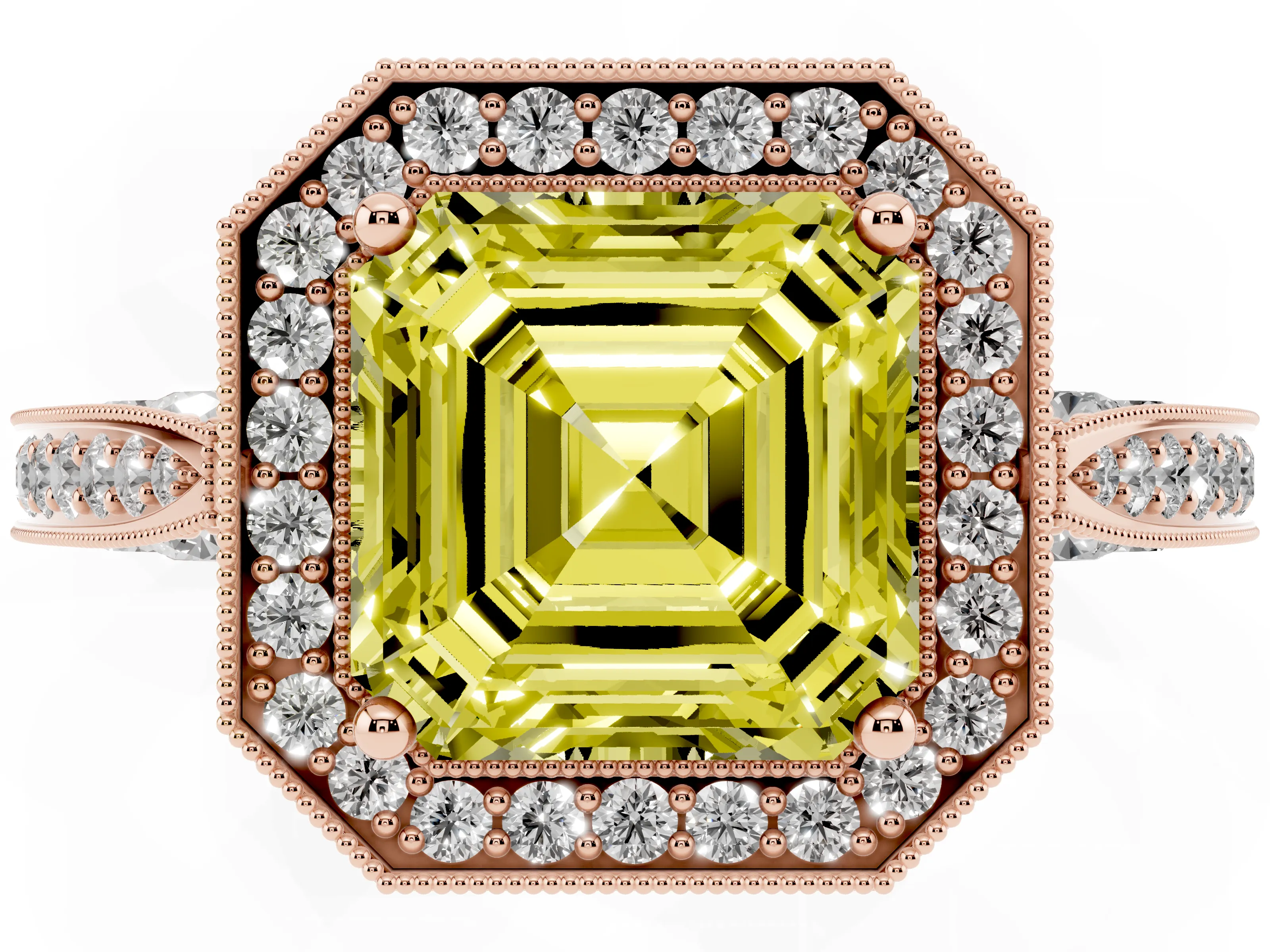 Fancy Yellow Asscher Cut Diamond Halo Engagement Ring Set in Rose gold with Accent Split Shank Band