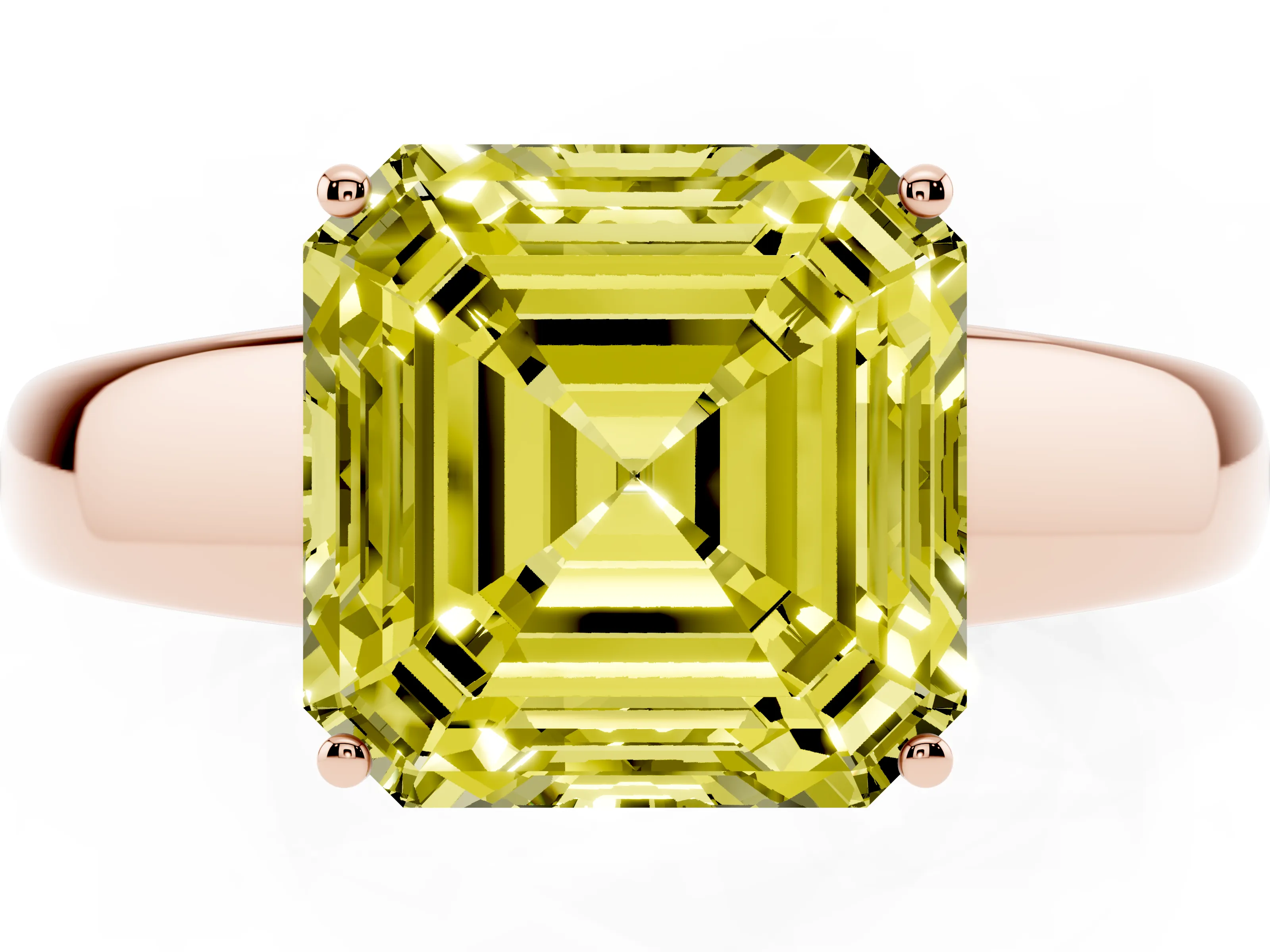 Fancy Yellow Asscher Cut Diamond Solitaire Ring Set in Rose gold with Tapered Band and Prong Setting