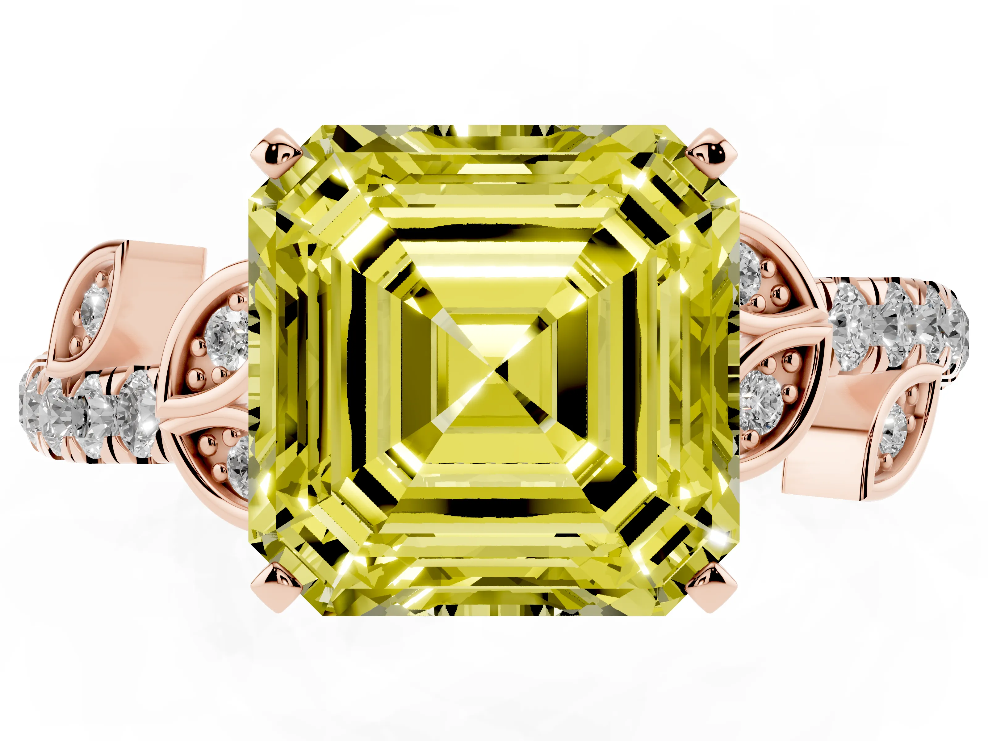 Fancy Yellow Asscher Cut Diamond Solitaire Leaf-Inspired Ring Set in Rose gold with Pavé Band and Prong Setting