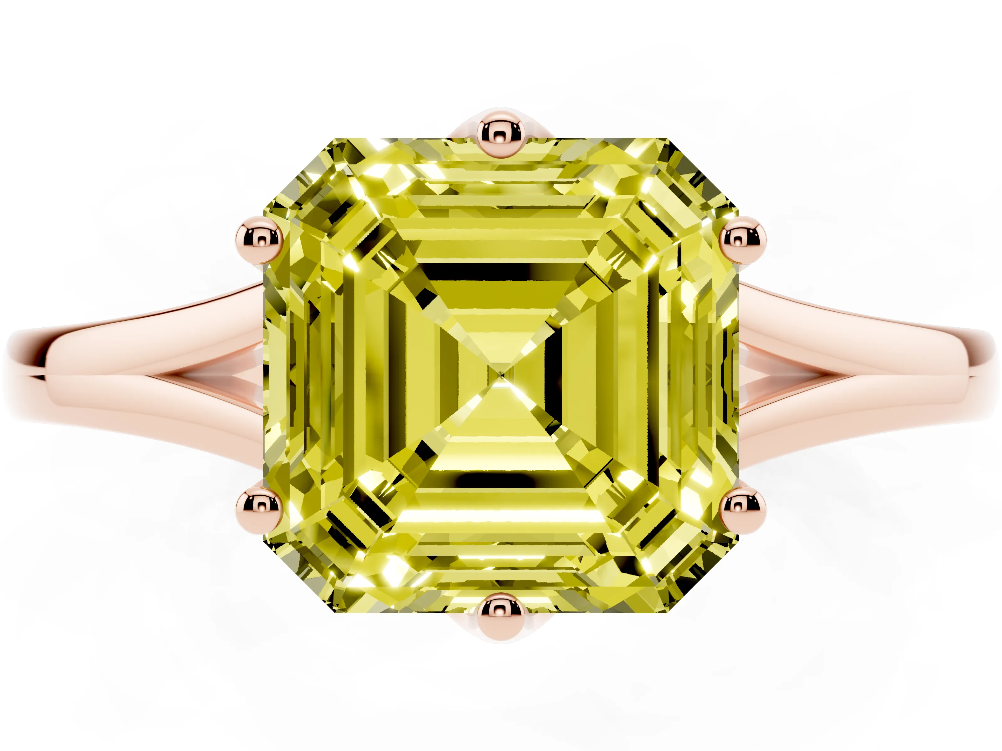 Fancy Yellow Asscher Cut Diamond Solitaire Ring Set in Rose gold with Polished Tapered Band and Prong Setting