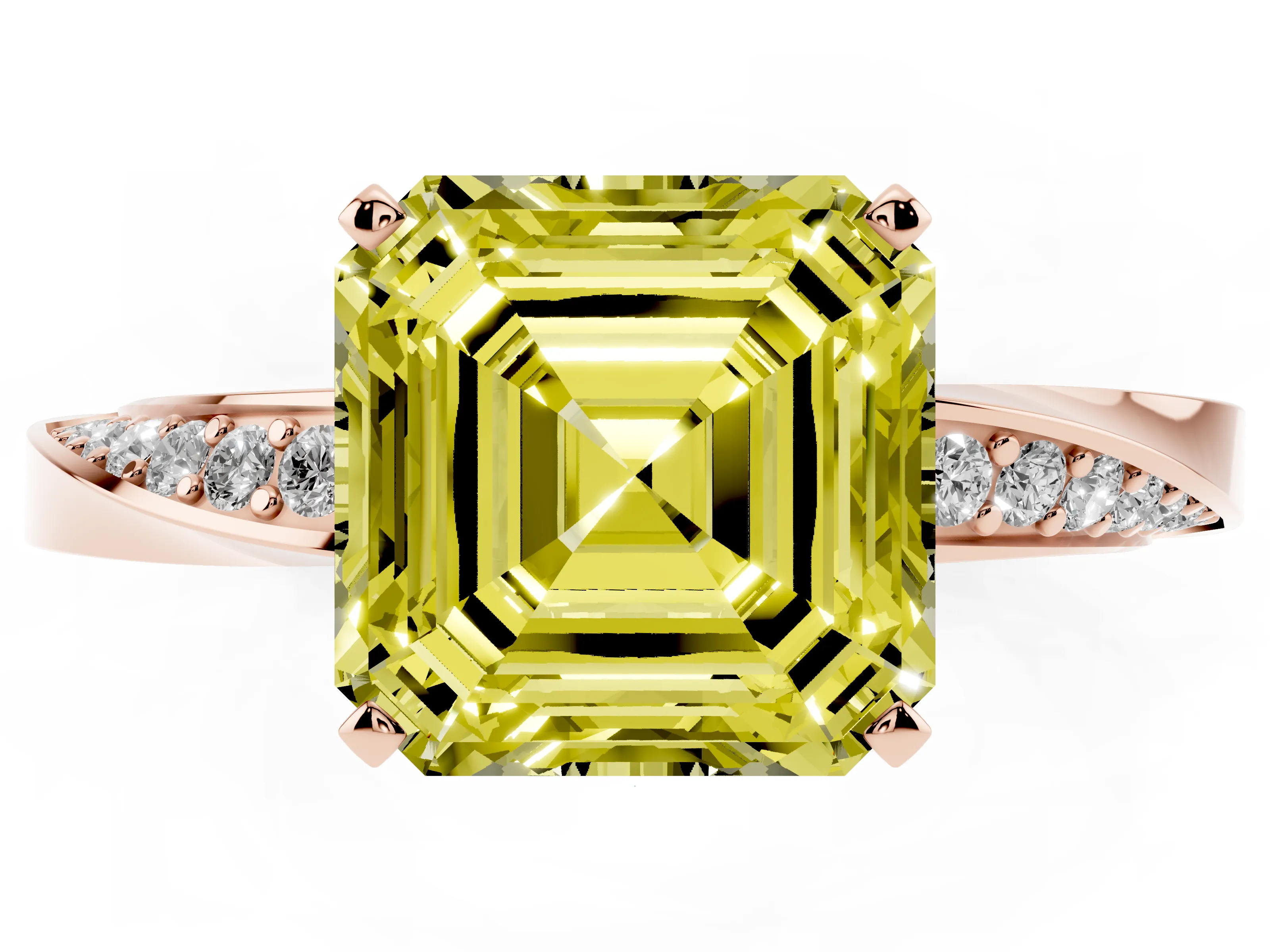 Fancy Yellow Asscher Cut Diamond Engagement Ring Set in Rose gold with Side Stone Accents and Prong Setting