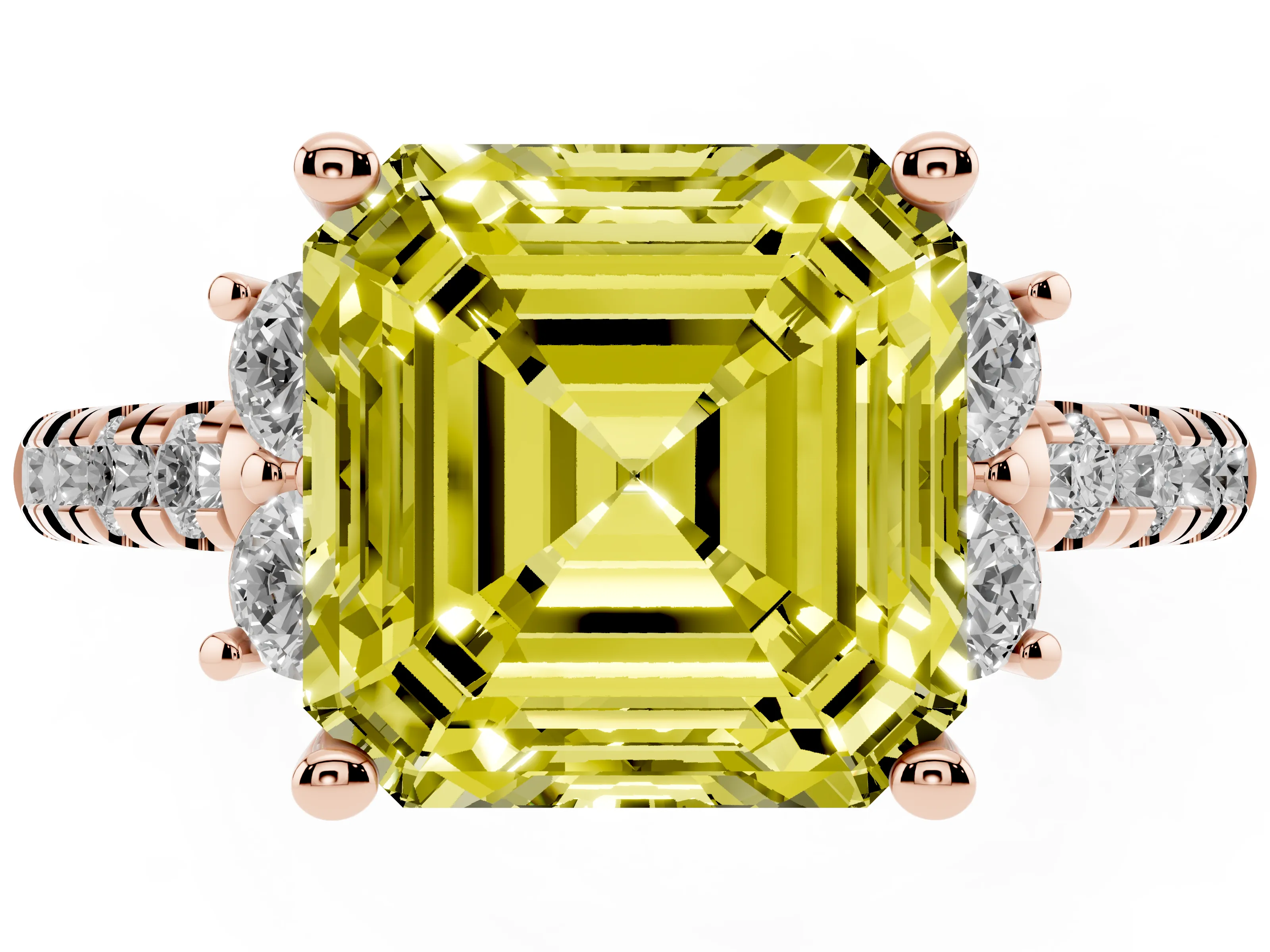 Fancy Yellow Asscher Cut Diamond Three-Stone Pavé Ring Set in Rose gold with Prong Setting