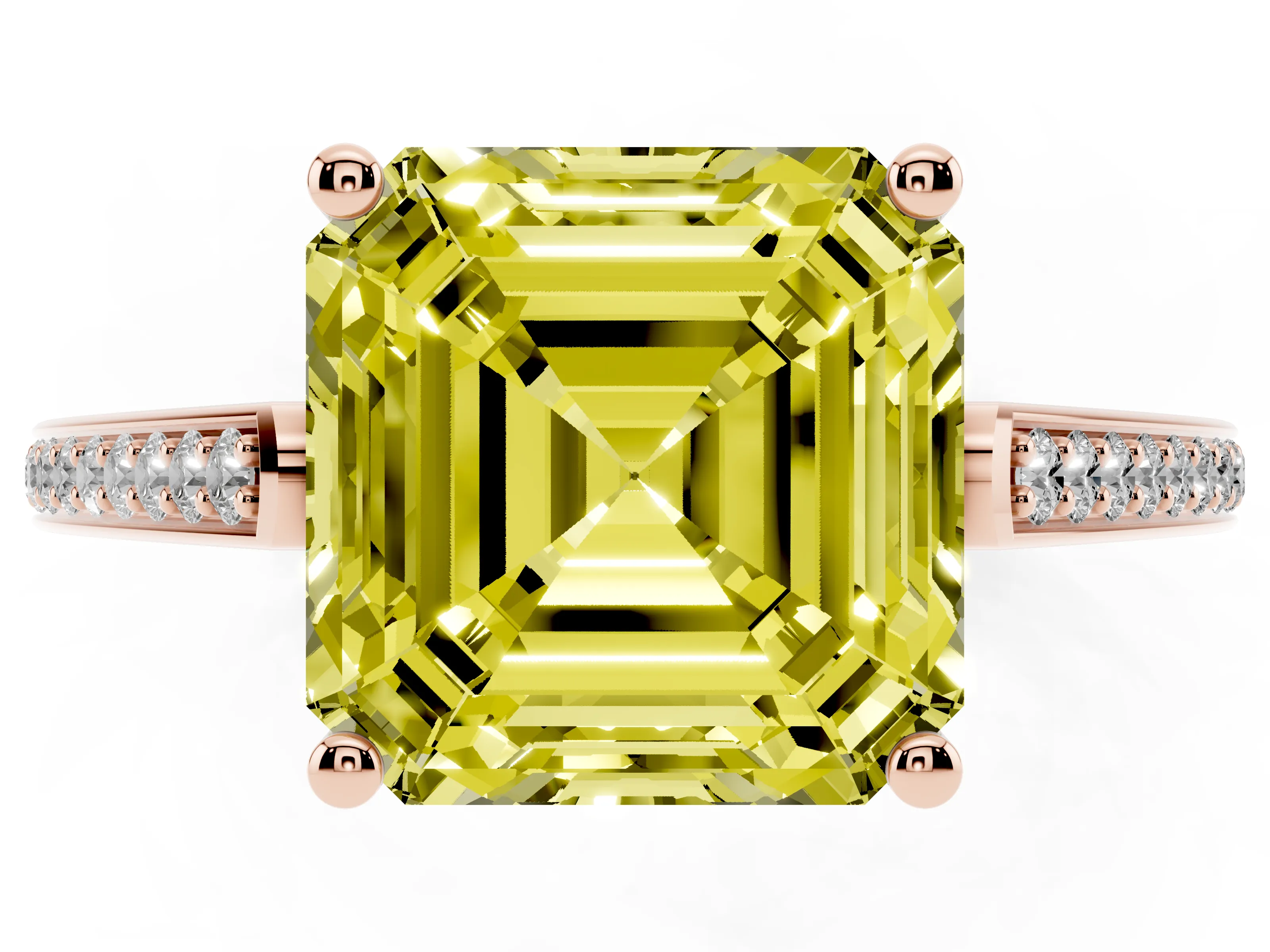 Fancy Yellow Asscher Cut Diamond Cathedral Pavé Engagement Ring Set in Rose gold with Prong Setting