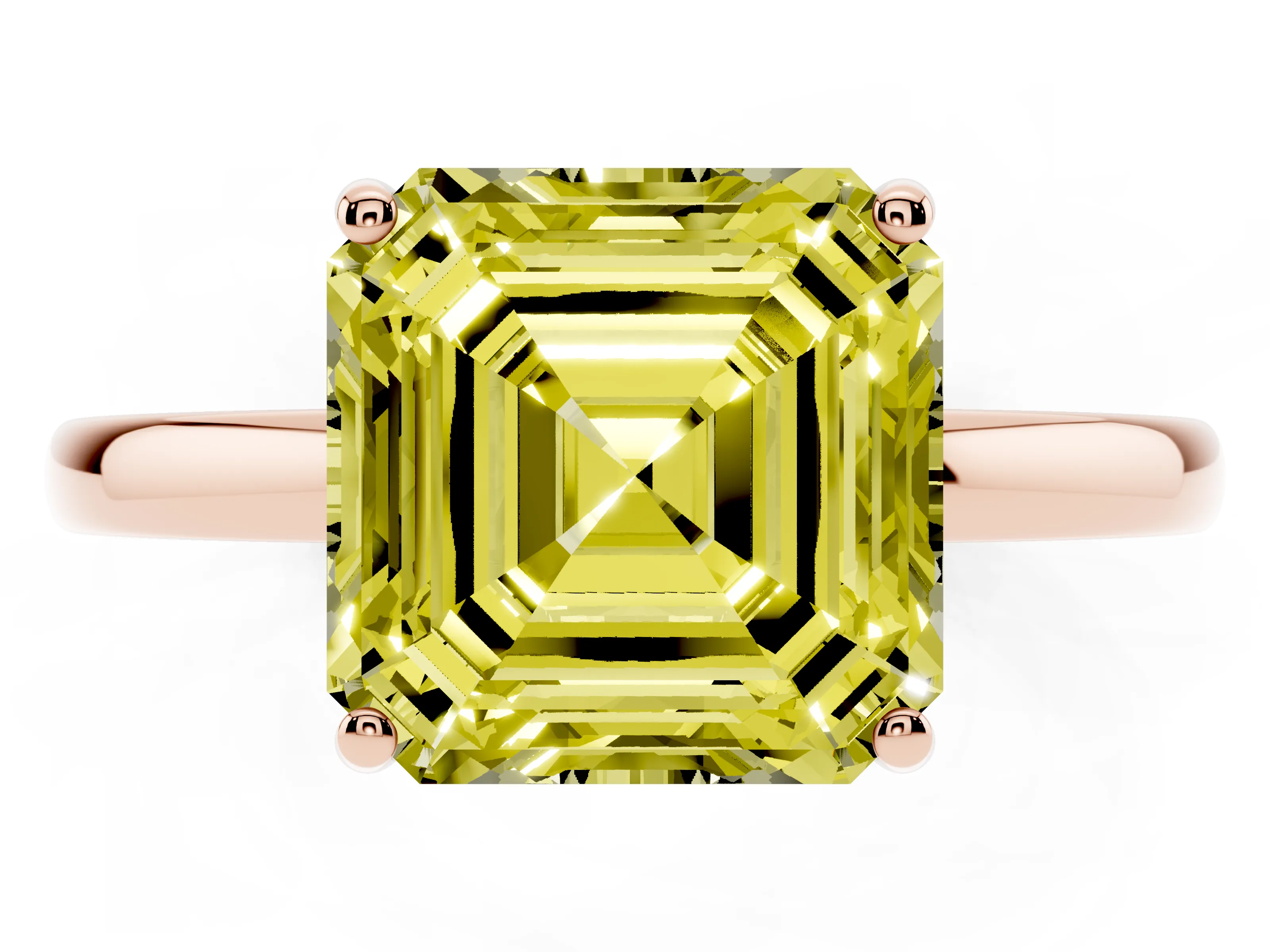 Fancy Yellow Asscher Cut Diamond Solitaire Ring Set in Rose gold with Plain Band and Prong Setting