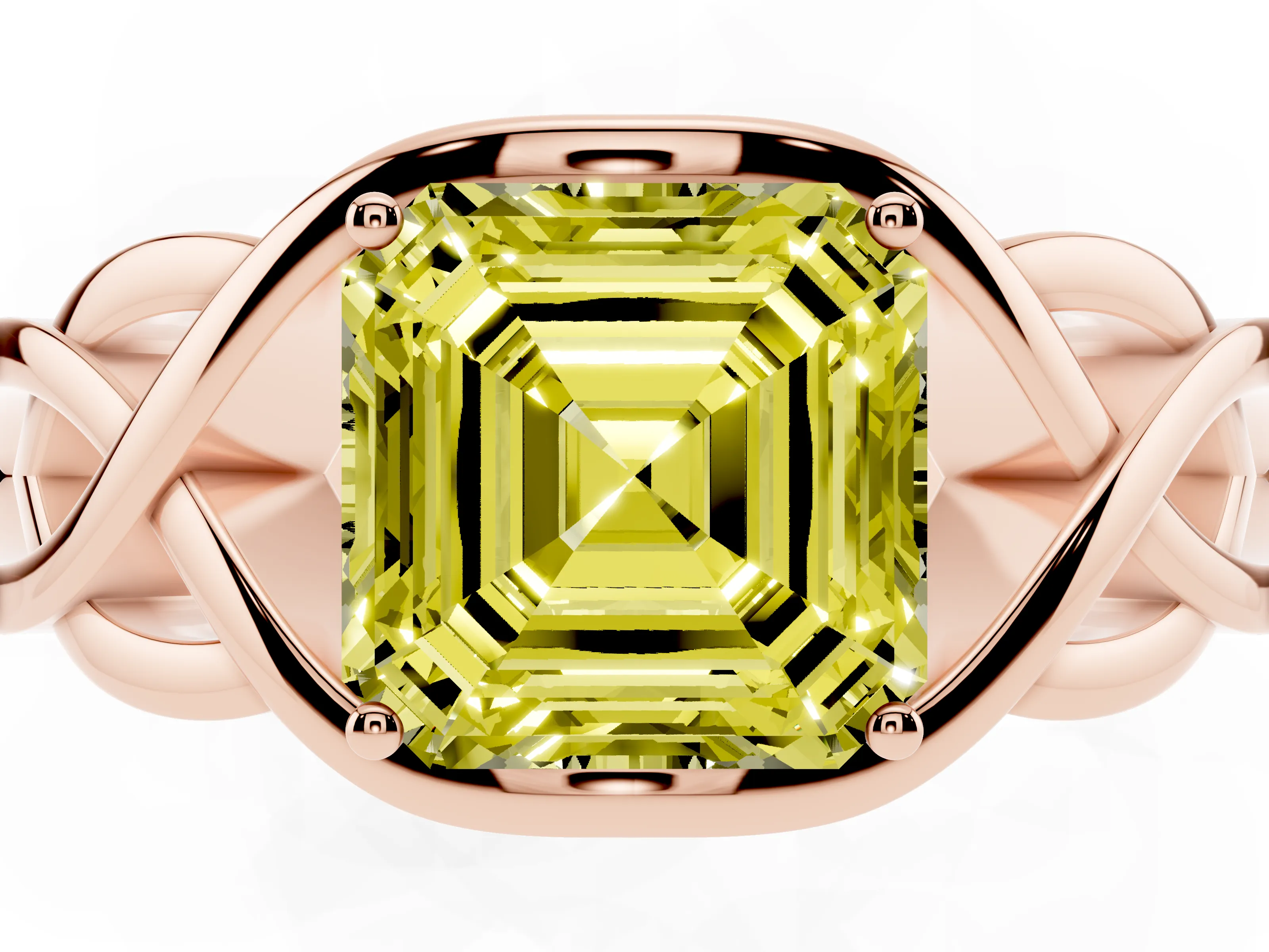 Fancy Yellow Asscher Cut Diamond Solitaire Ring Set in Rose gold with Intertwined Band