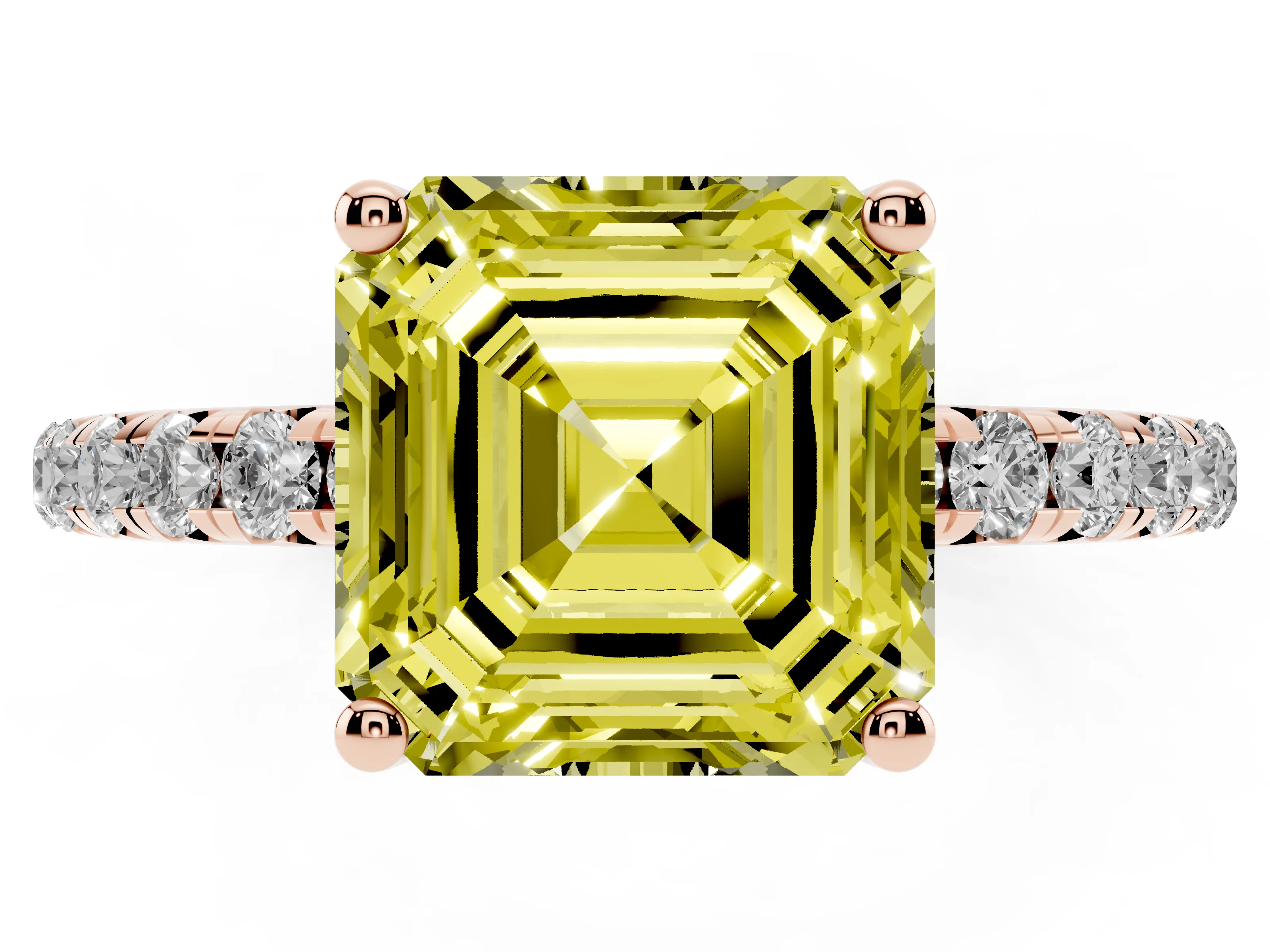 Fancy Yellow Asscher Cut Diamond Solitaire Ring Set in Rose gold with Micro Pavé Band and Prong Setting