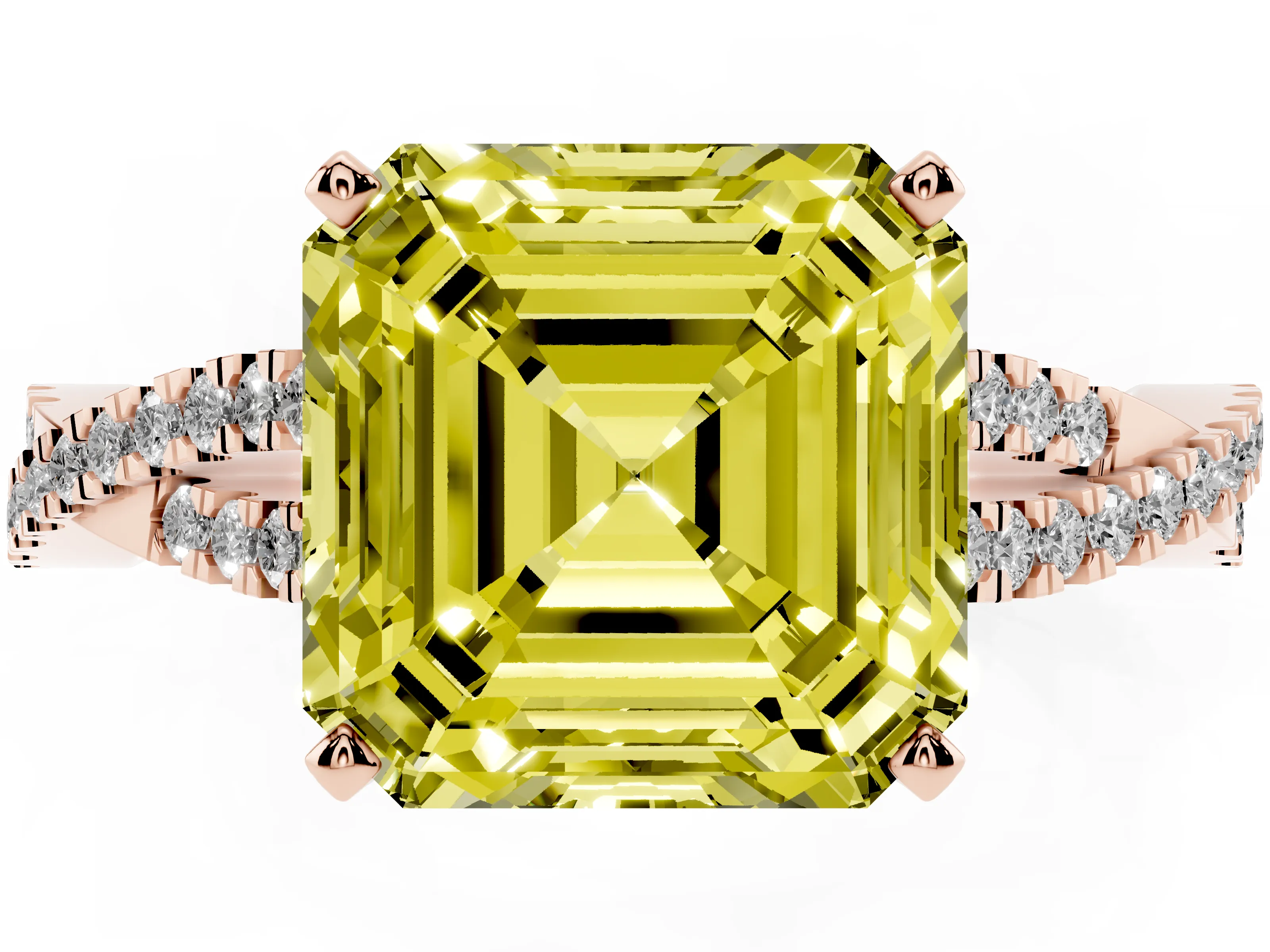 Fancy Yellow Asscher Cut Diamond Solitaire Engagement Ring Set in Rose gold with Twisted Pavé Band and Prong Setting