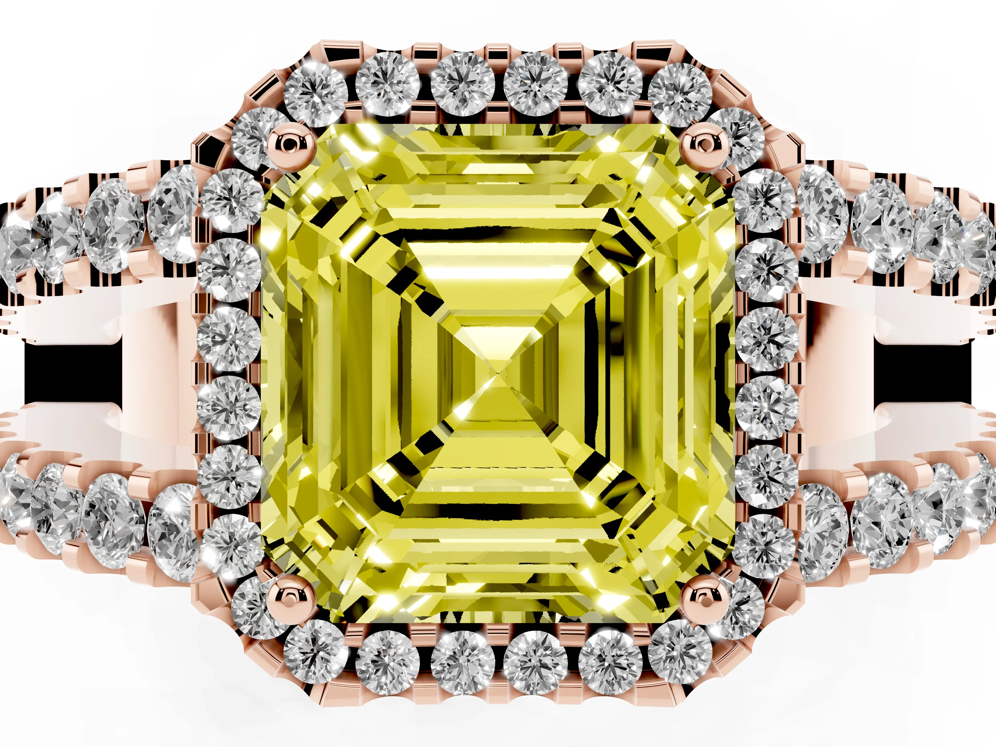 Fancy Yellow Asscher Cut Diamond Halo Ring Set in Rose gold with Pavé Split Shank and Prong Setting