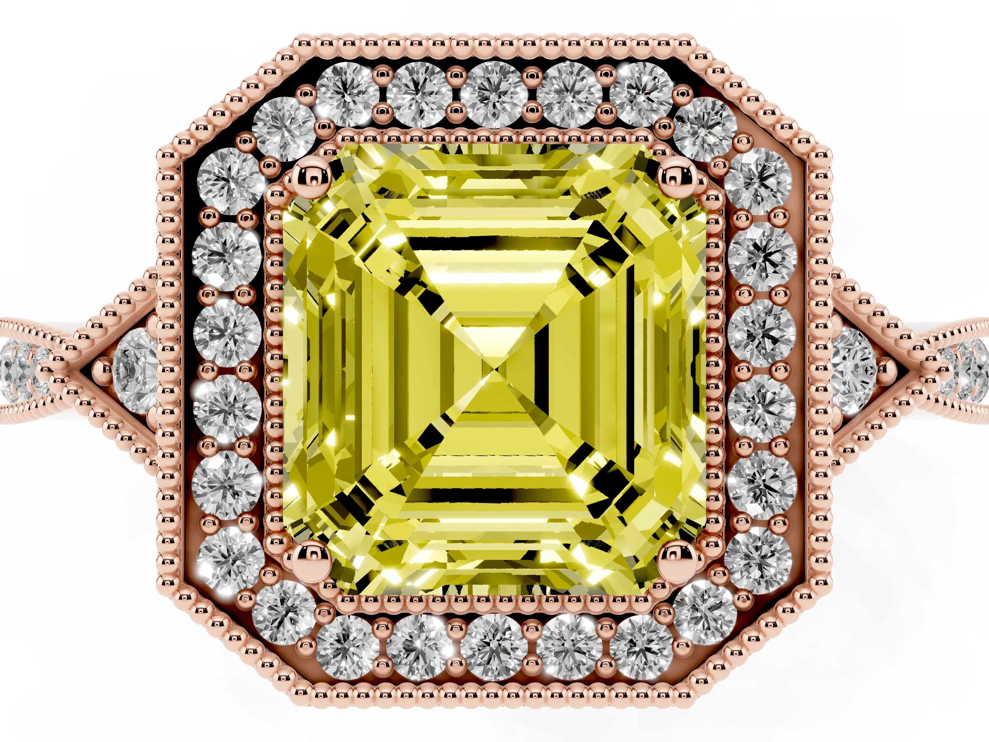 Fancy Yellow Asscher Cut Diamond Halo Engagement Ring Set in Rose gold with Milgrain Pavé Band