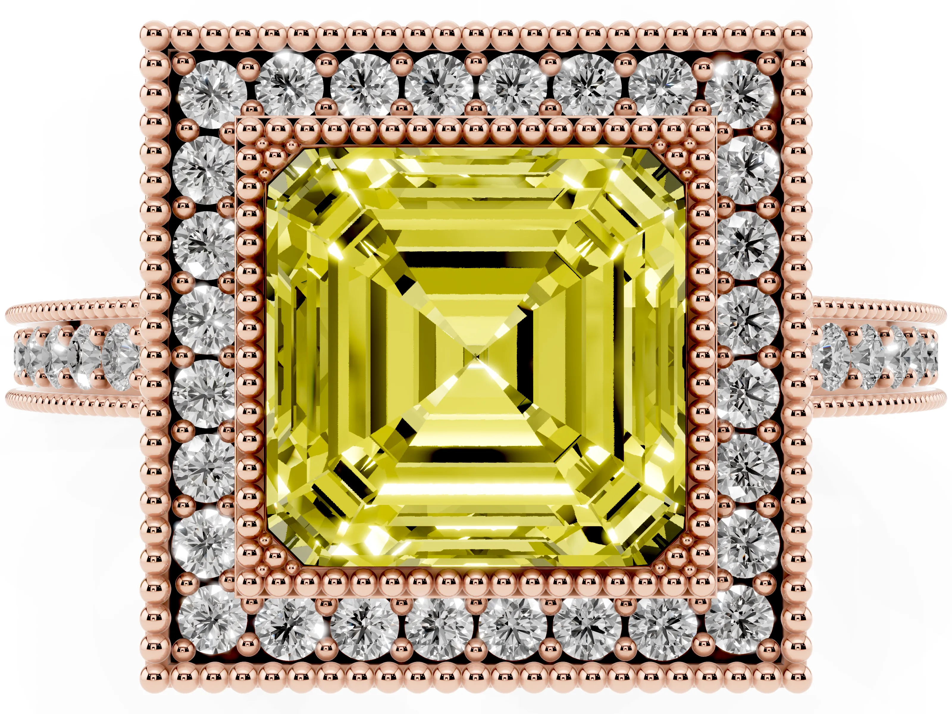 Fancy Yellow Asscher Cut Diamond Round Halo Ring Set in Rose gold with Pavé Band